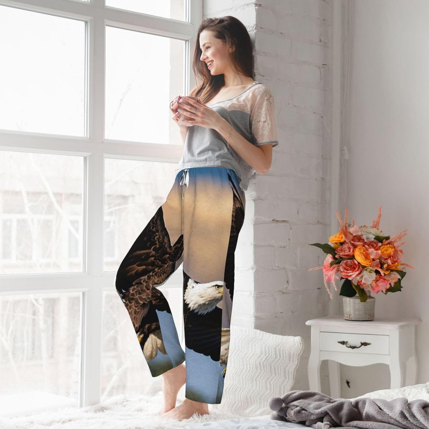 Flying Eagle Print Fashion Cozy Womens Flannel Pajama Pants,Perfect For Christmas And Everyday Wear