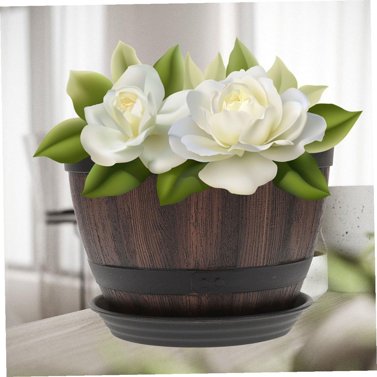DOITOOL Imitation Wooden Barrel Plastic Planter with Drainage Hole and Tray, Vintage Decorative Flower Pot for Garden Balcony Patio, Thickened Faux Wood Planting Barrel, Model 300