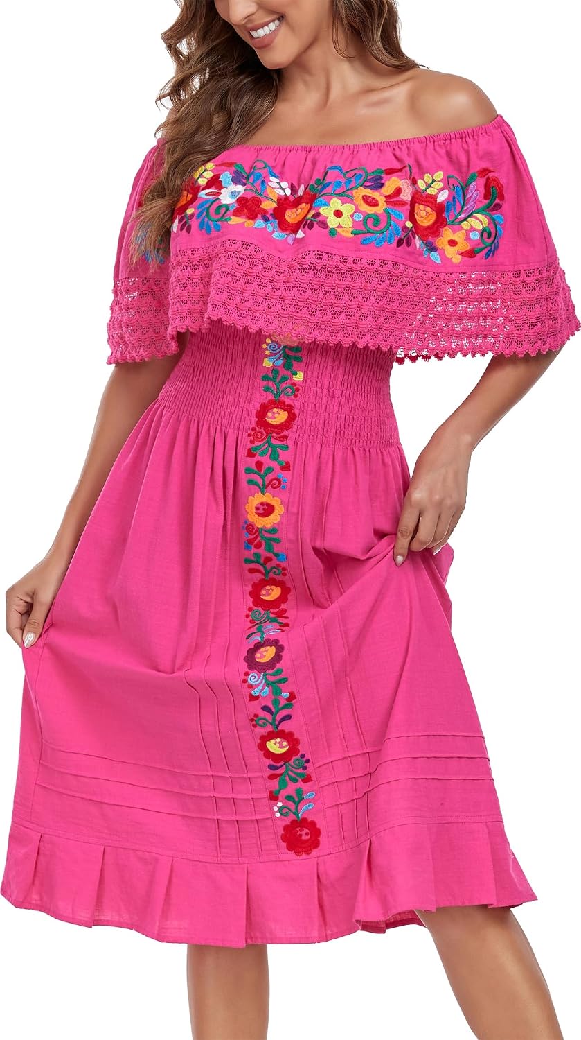 YZXDORWJ Mexican Dress for Women Embroidered Off-Shoulder Lace Dress Fiesta Mexico Boho Floral Dress