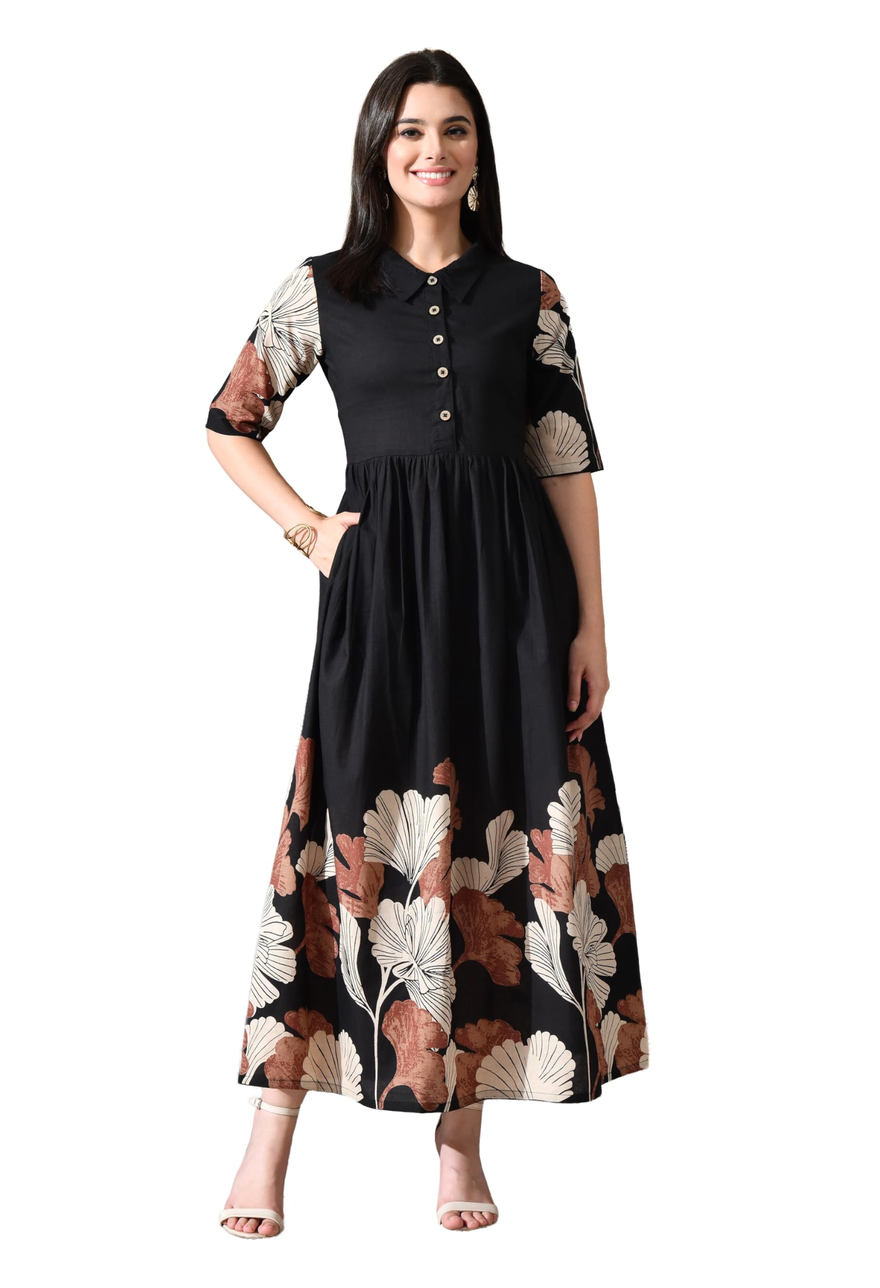 deckedup Women’s Cotton Shirt Dress with Pocket – Printed, Button-Down, Flowy & Comfortable – Classy, Versatile Everyday Wear (SKF1011_Black_$P)-picture-39
