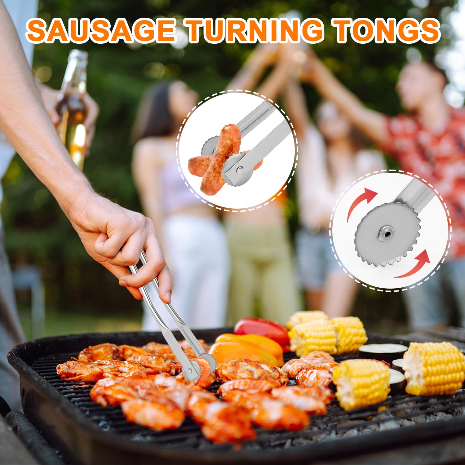 Yicengy 2pcs Sausage Turning Tongs, 2024 Upgraded Stainless Steel Tongs, Tongs for Grilling for Flipping, Long Handle Cooking Grill Tongs for Turning Bacon Steak Meat Sausage