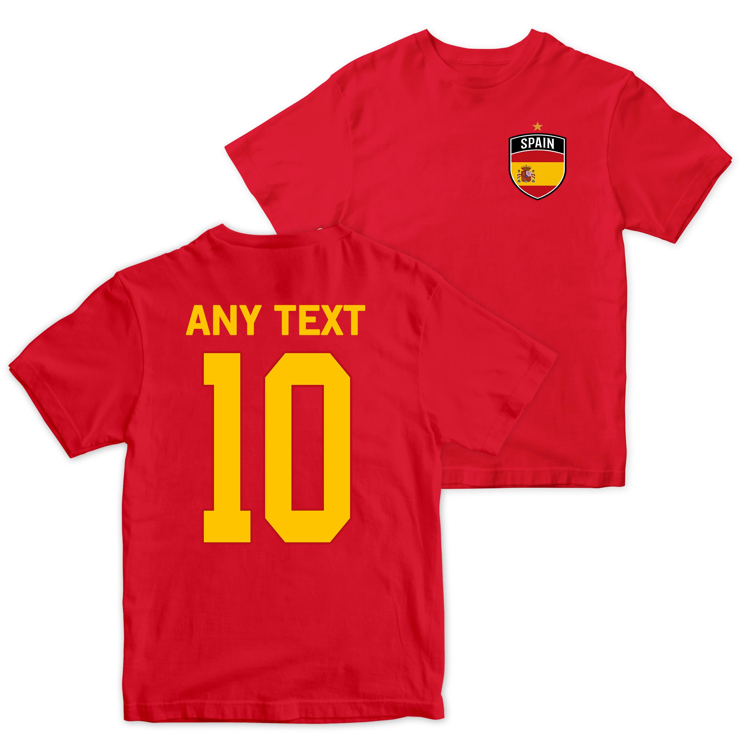 Purple Print House Personalised Spain 2026 Kids T Shirt - Football Badge Name Number Top - Spanish Fan Gift, 9-11 Years, Red