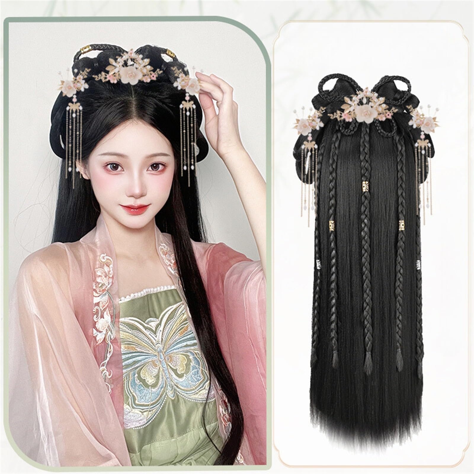 EWAIDI Chinese Style Women Wig Geisha Headband Wigs Ancient Chinese Headwear Wig Bun Hair Pieces Hanfu Headdress Cosplay Wigs(Lianyue,Wig+headwear)