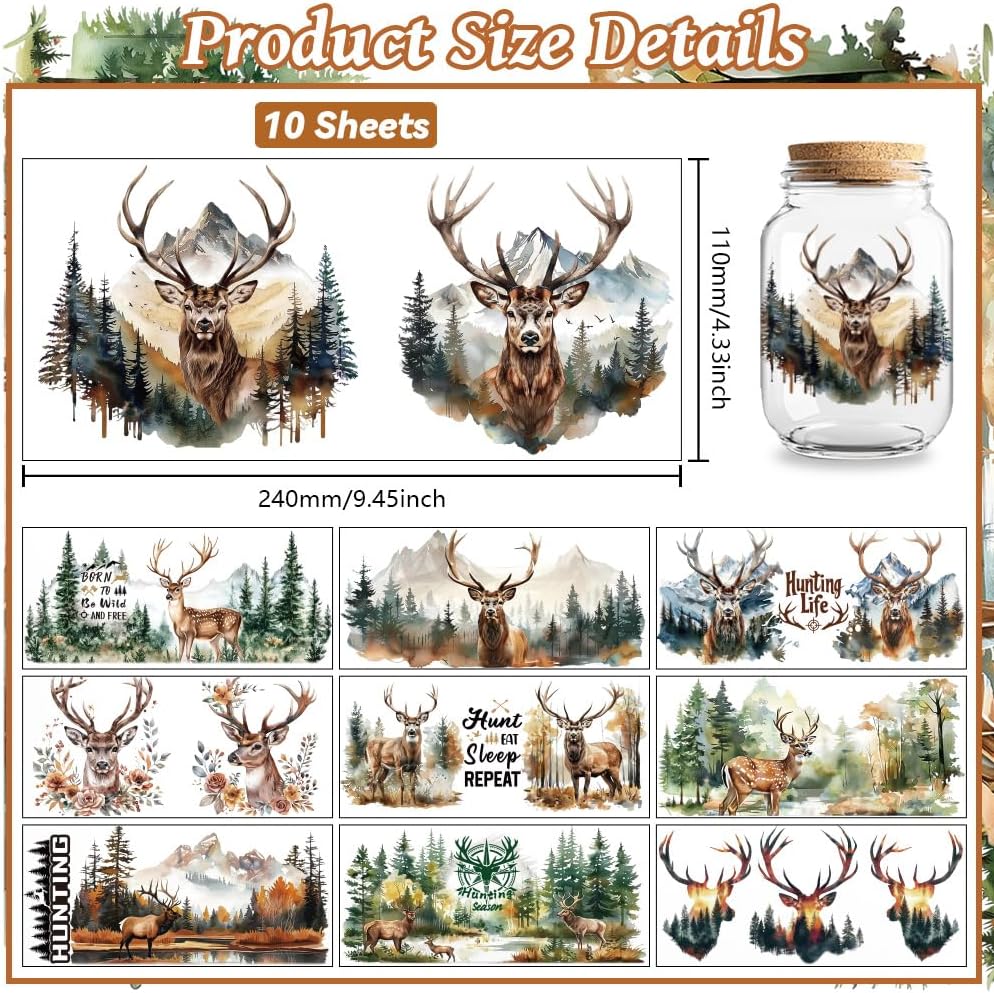 Peacoblue UV DTF Cup Wraps Transfer Stickers Forest Deer Pattern, 10 Sheets Waterproof Custom Vinyl Transfer Sticker 16oz Coffee Glass Cup Tumbler Bottle Mug Decals for Men Women