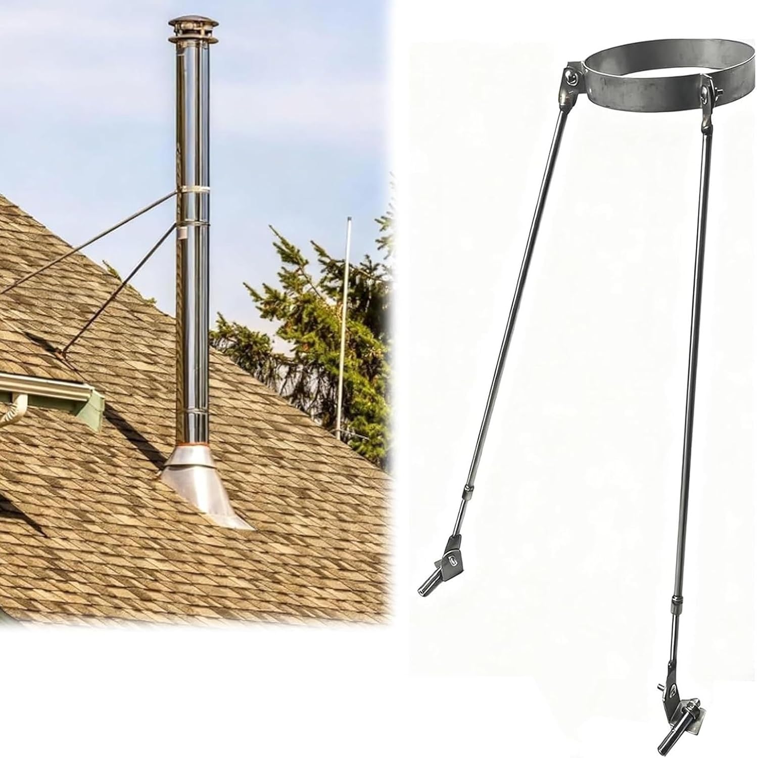 304 Stainless Steel Chimney Support Bracket Kit - Adjustable for 3" to 10" Diameter Pipes, Ideal for Fireplace & Boiler Installations, Durable Roof Support Bracket (Hoo
