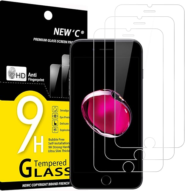 NEW'C [3 sztuki] ochraniacz ekranu do iPhone SE 2022, iPhone 8/7 (4.7), Folia ochronna ze szkła hartowanego bez pęcherzyków powietrza, odporność na zarysowania