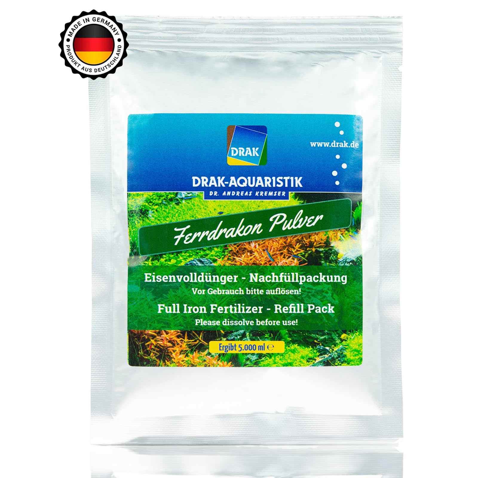 Ferrdrakon Nachfüllpack 5,0l Eisendünger Aquarium | Aquarium Pflanzendünger hochkonzentriert | Flüssig Dünger für Intensive Blattfärbung | Basis-Düngung für Aquarienpflanzen Wachstum