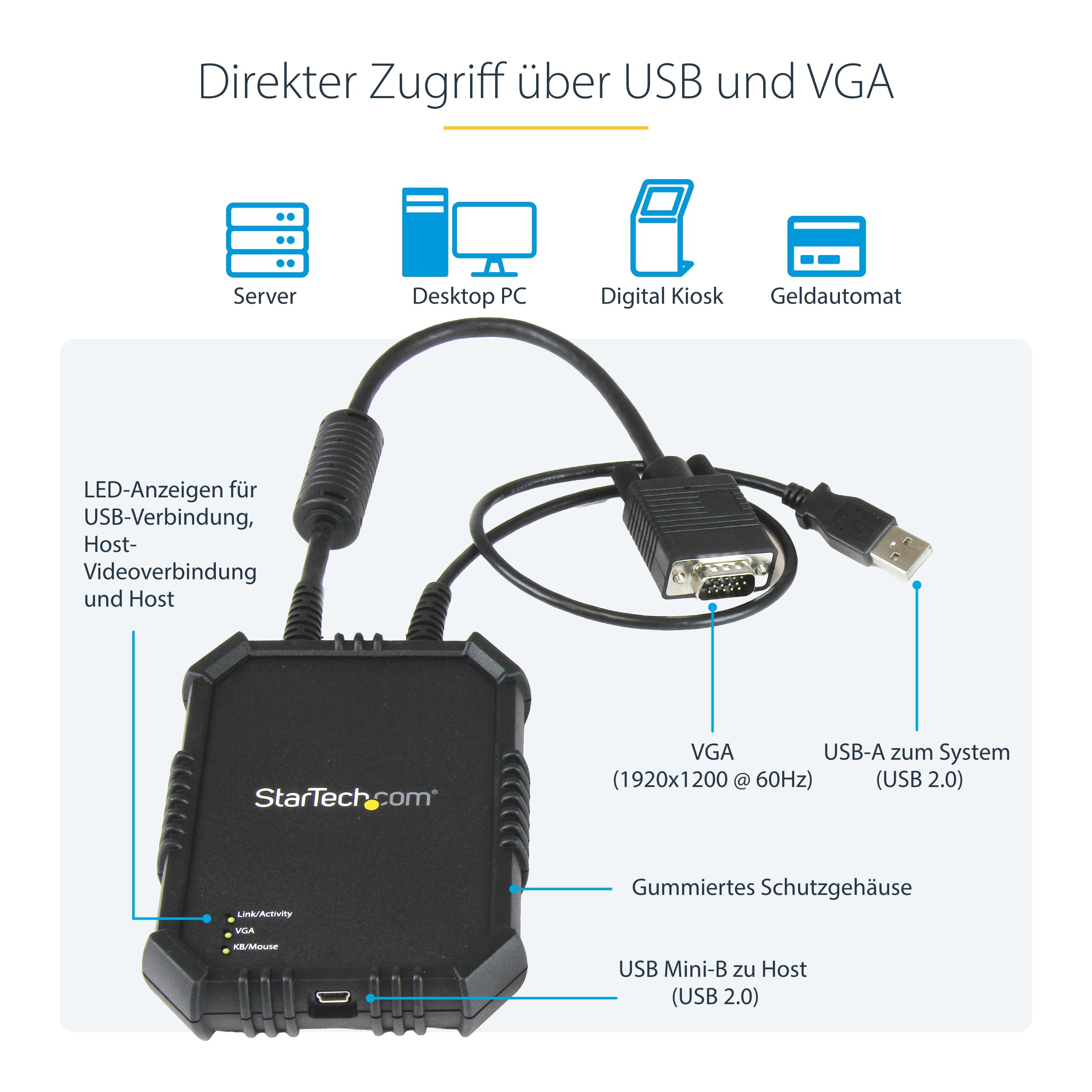 StarTech.com USB 2.0 KVM Konsole Mobiler Laptop Crash Cart Adapter mit Datenübertragung und Videoaufnahme KVM-Switch 1 x ports 1 lokaler Benutzer Desktop | Robustes gummiertes Gehäuse, KVM-Konsole für Headless-Geräte/Server/ATM/POS, BIOS-Ebene, USB