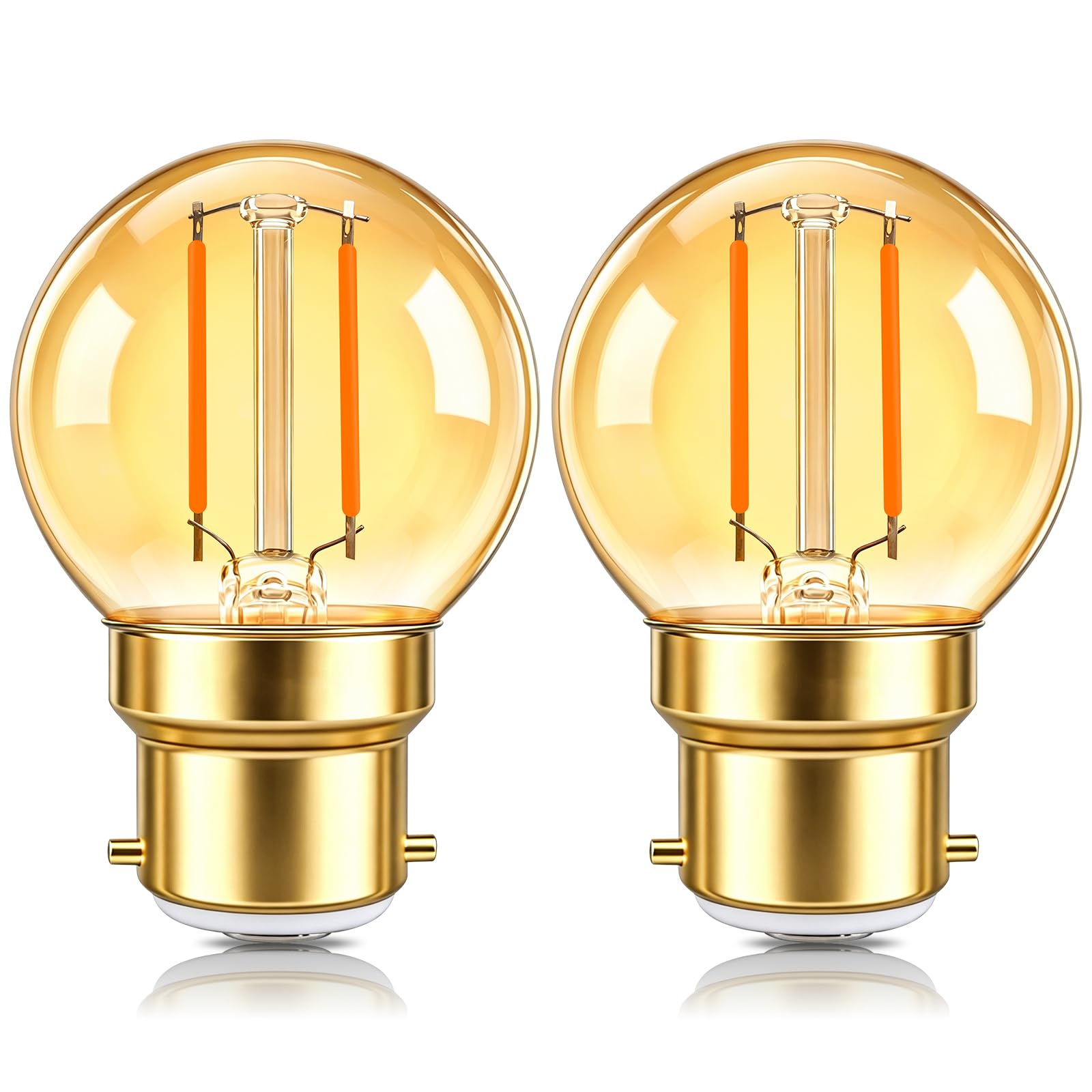 B22 Bayonet Vintage Light Bulbs, 1W LED Filament Equivalent 10W, Retro Amber Glass 2200K Warm White, 100LM, Low Watt Mini Globe G40 Golf Ball Night Light Bulb, BC Bayonet Cap, Non-dimmable, 2 Pack