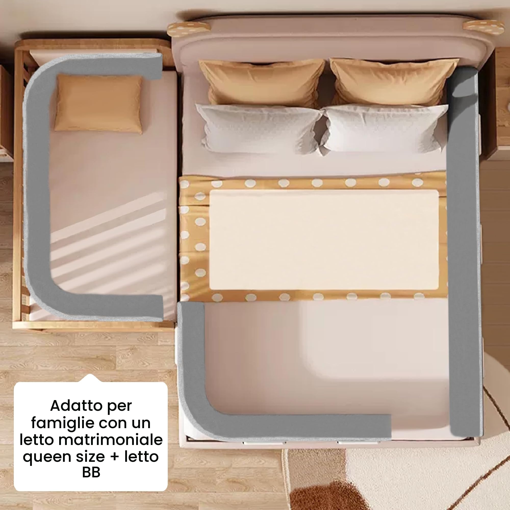 LARS360 Griglia di protezione del letto, 180 cm, per bambini, regolabile in altezza, con chiusura lampo e bottoni a pressione, accessorio portatile per lettino (lino grigio)