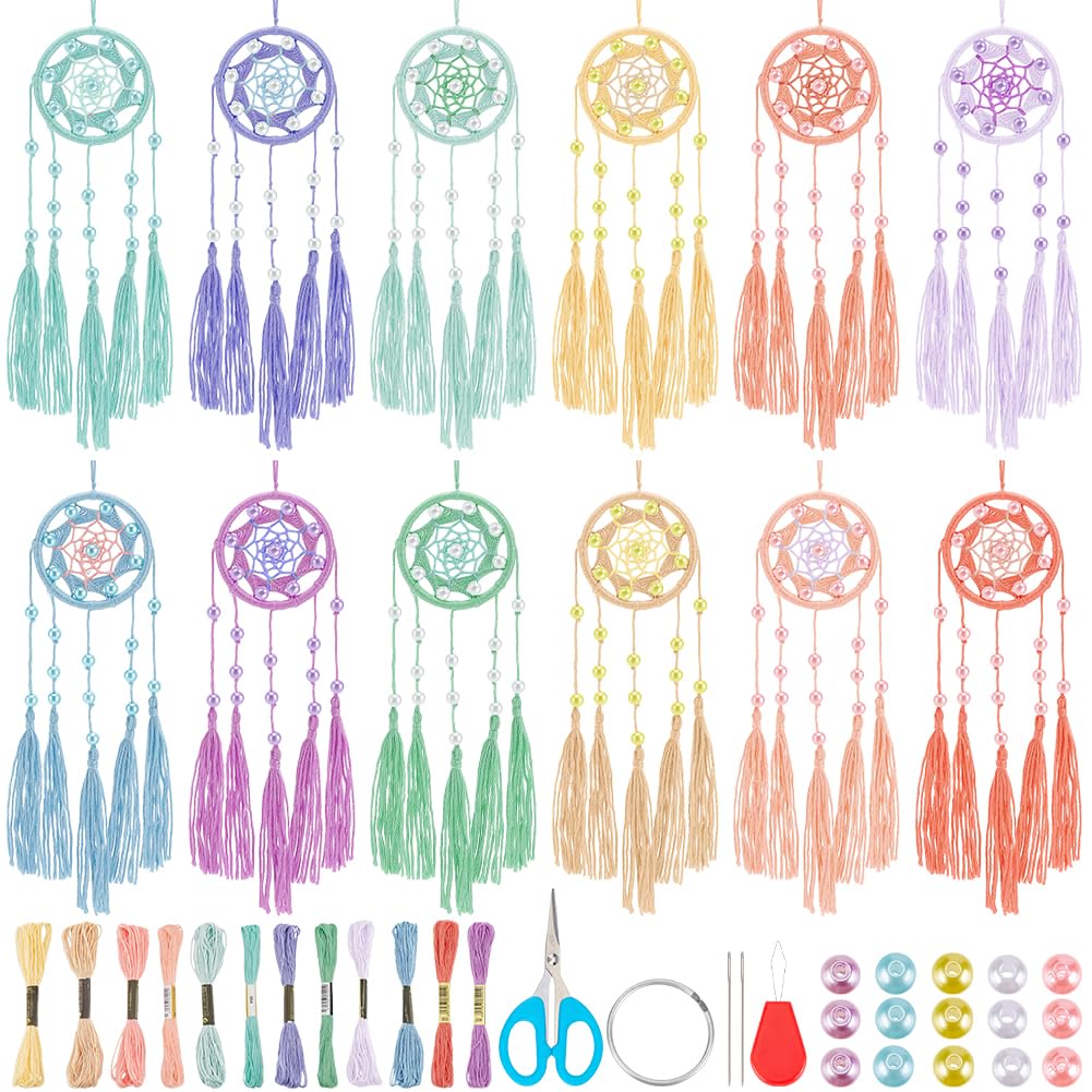 INFUNLY 12 Set Small Dream Catchers Bulk DIY Mini Dream Catcher Kit Double Weaving Make Your Own Dream Catcher Kit for Adults Keychain Kit with Instruction for Bag Pendant Car Mirror Decor Charm