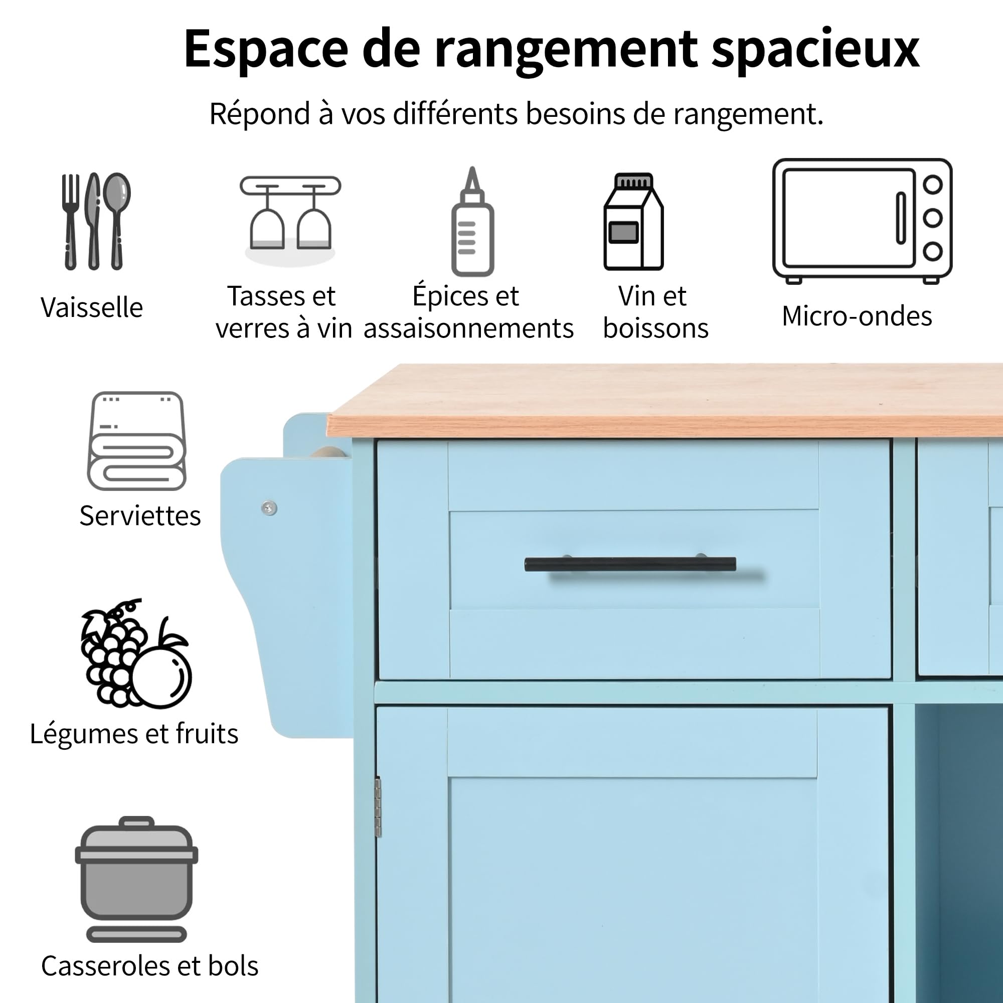 Azkoeesy Isola Cucina Mobile con Ruote e tavolo da pranzo Estensibile, 139x91,5x46(71) cm, Carrello Cucina con 3 Cassetti e 2 Ante con Ripiani per Spezie, per Sala da Pranzo e Cucina, Blu