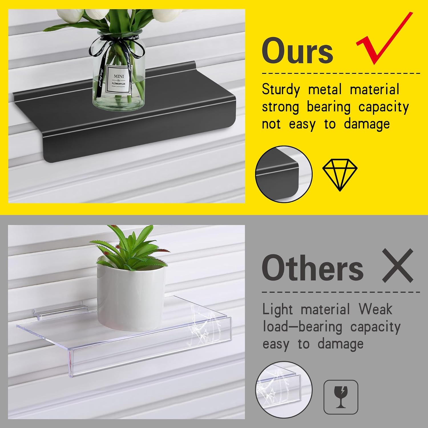 Slatwall Shelves, Slatwall Panel Accessories, Floating Slat Wall Shelf Shelves for Shoes, Black Metal Flat Slat Board Accessories for Retail Display, 9 x 4 inch -(10 Pcs)