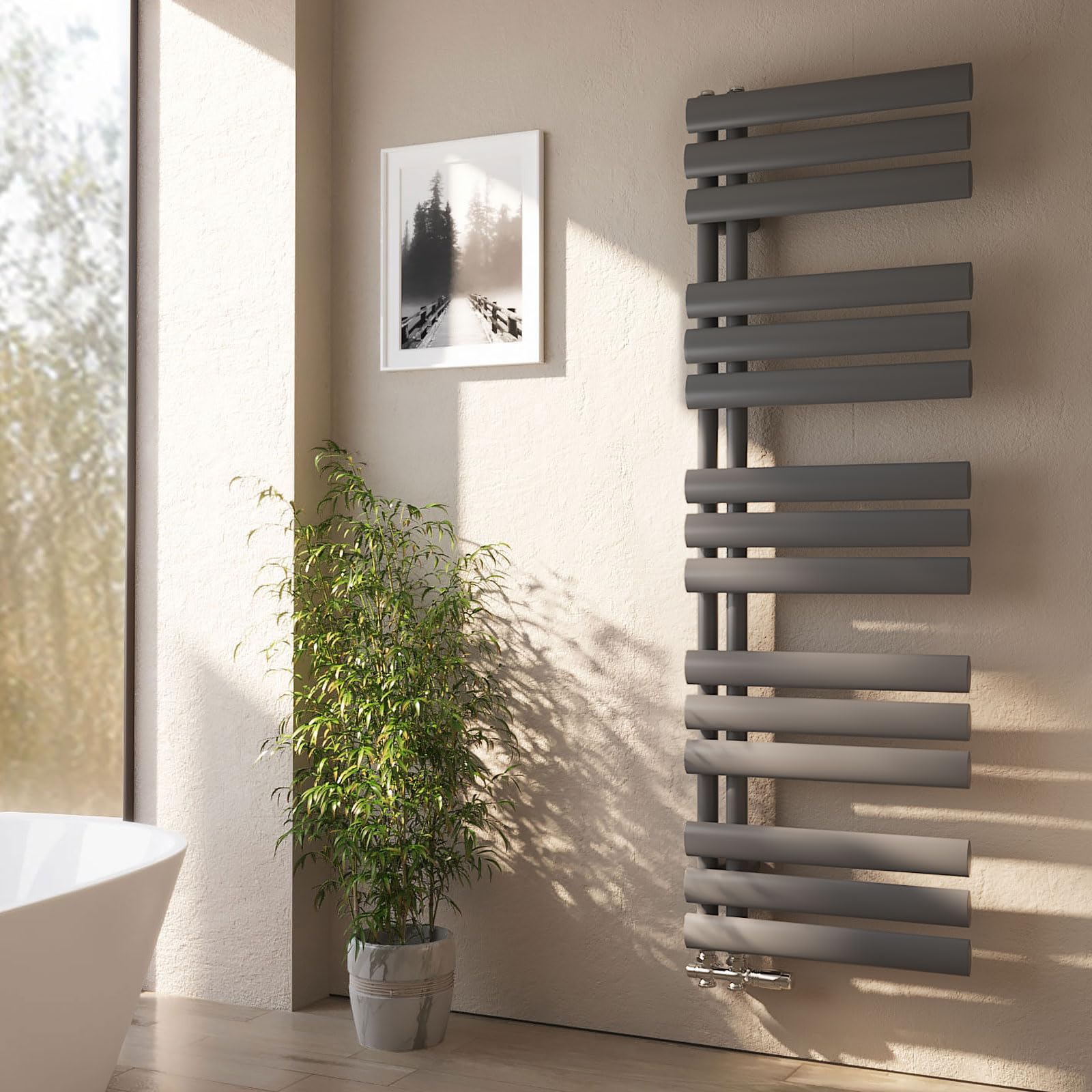 EMKE Scaldasalviette ovale da bagno, 143 x 40 cm, con attacco laterale, per bagno, colore: antracite, 510 Watt