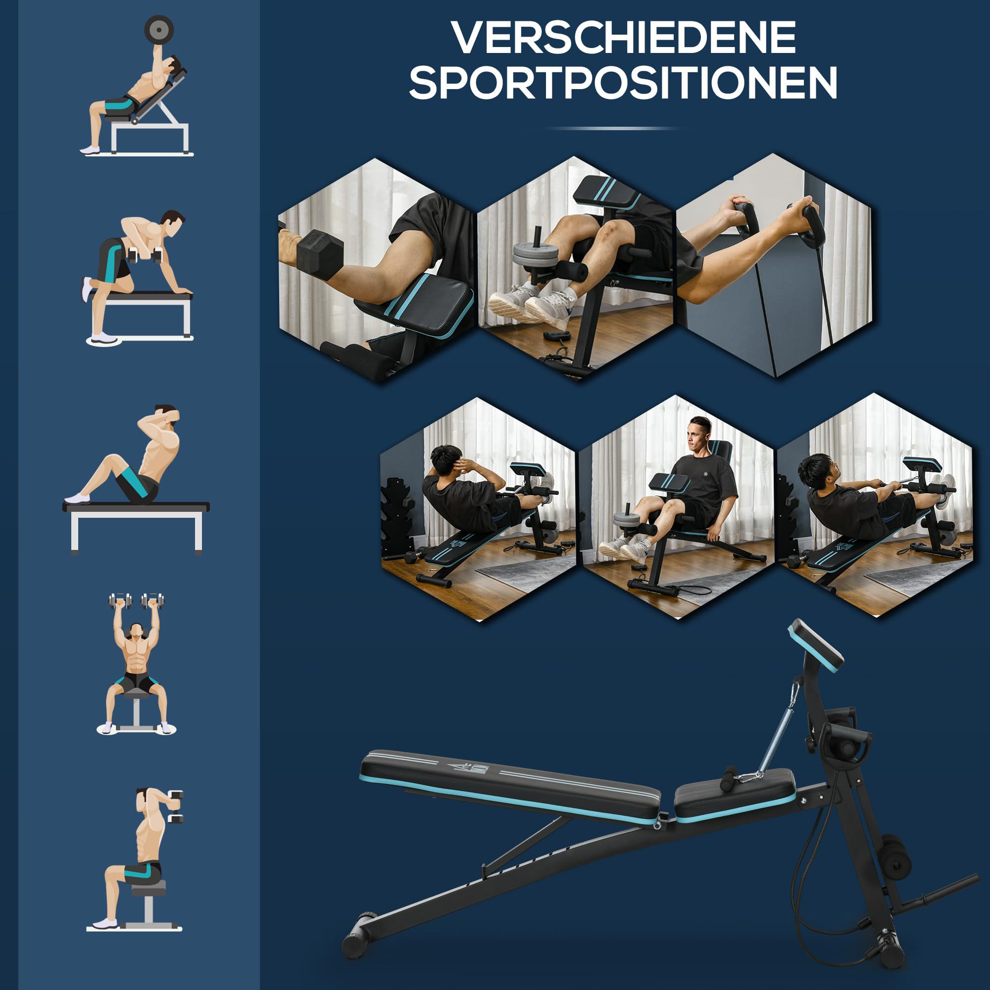HOMCOM Hantelbank 7 fach Verstellbare Rückenlehne Klappbar bis 300 kg | Multifunktion Trainingsbank, Fitnessbank, für Zuhause, Bizeps-Curls, Langhantel, Stahl