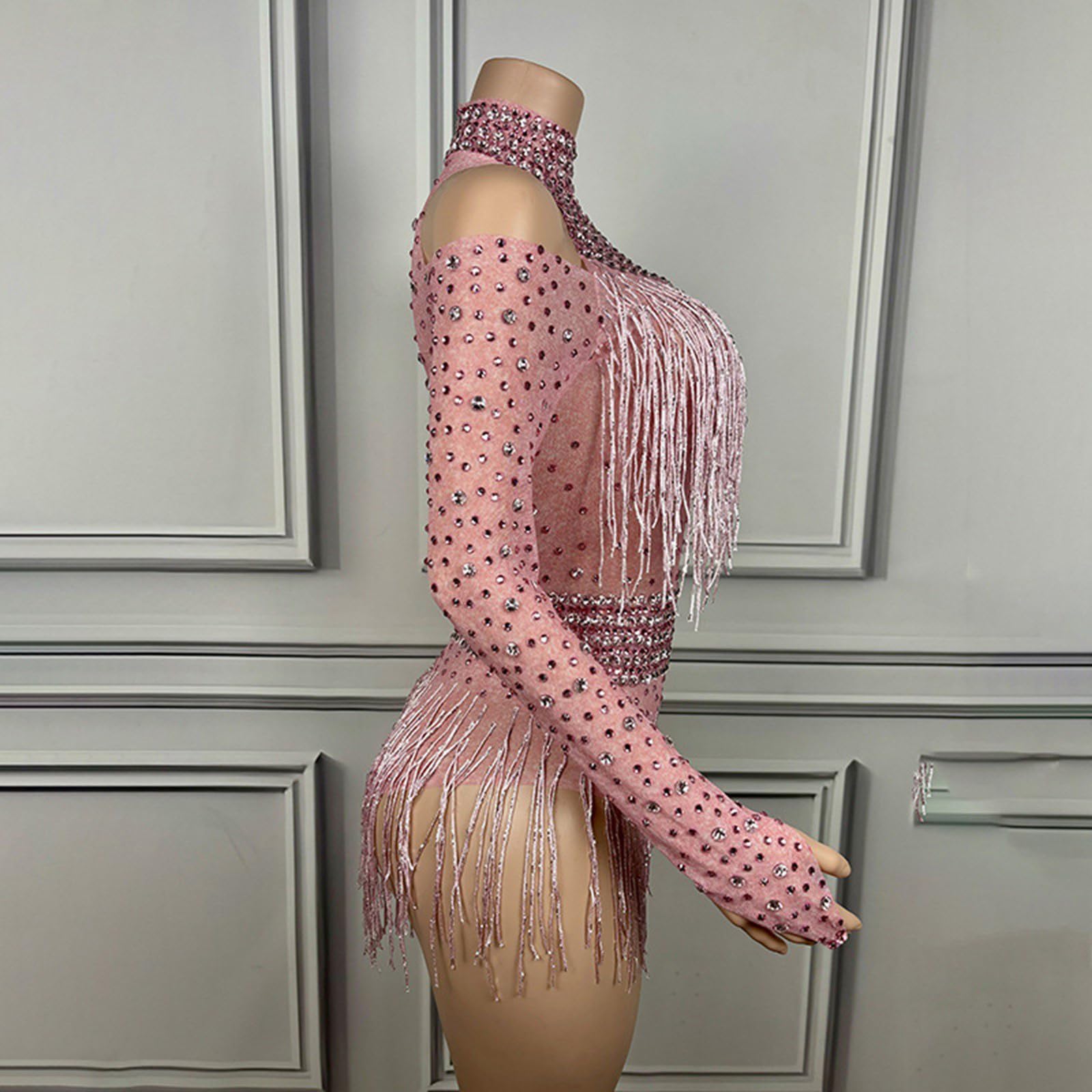 Diamantes - Body con flecos para mujer, leotardo de bailarina, para celebración, graduación, cumpleaños, discoteca, disfraz de diamantes brillantes, manga larga con flecos, para mujer