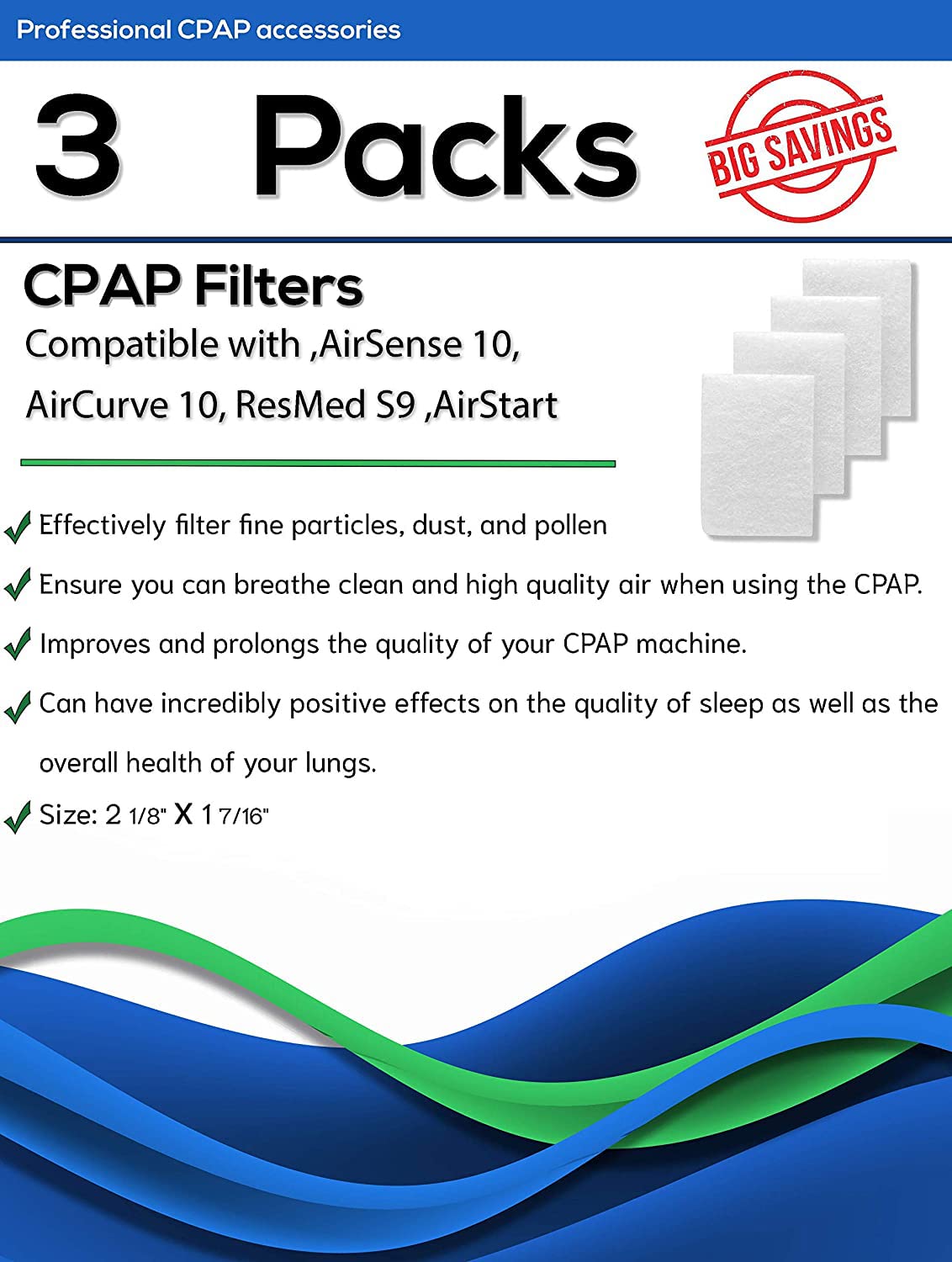 Sunset For Resmed Medical Cpap Bipap S9 Hypoallergenic Filter - Set Of 3 Pack. (Bipap & Cpap)