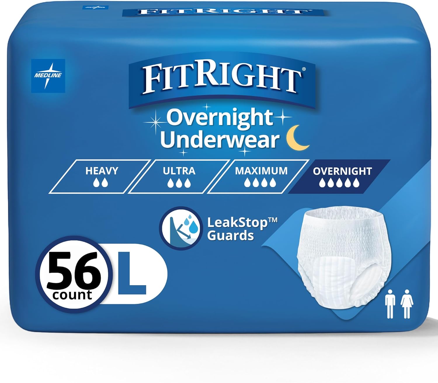 FitRight Overnight Unisex Large Underwear, (40-56 in Waist) 56 Count (4 Bags of 14), Maximum All Night Disposable Incontinence Protection, Pull-On Absorbent Underwear for Men and Women Large 4 Bags