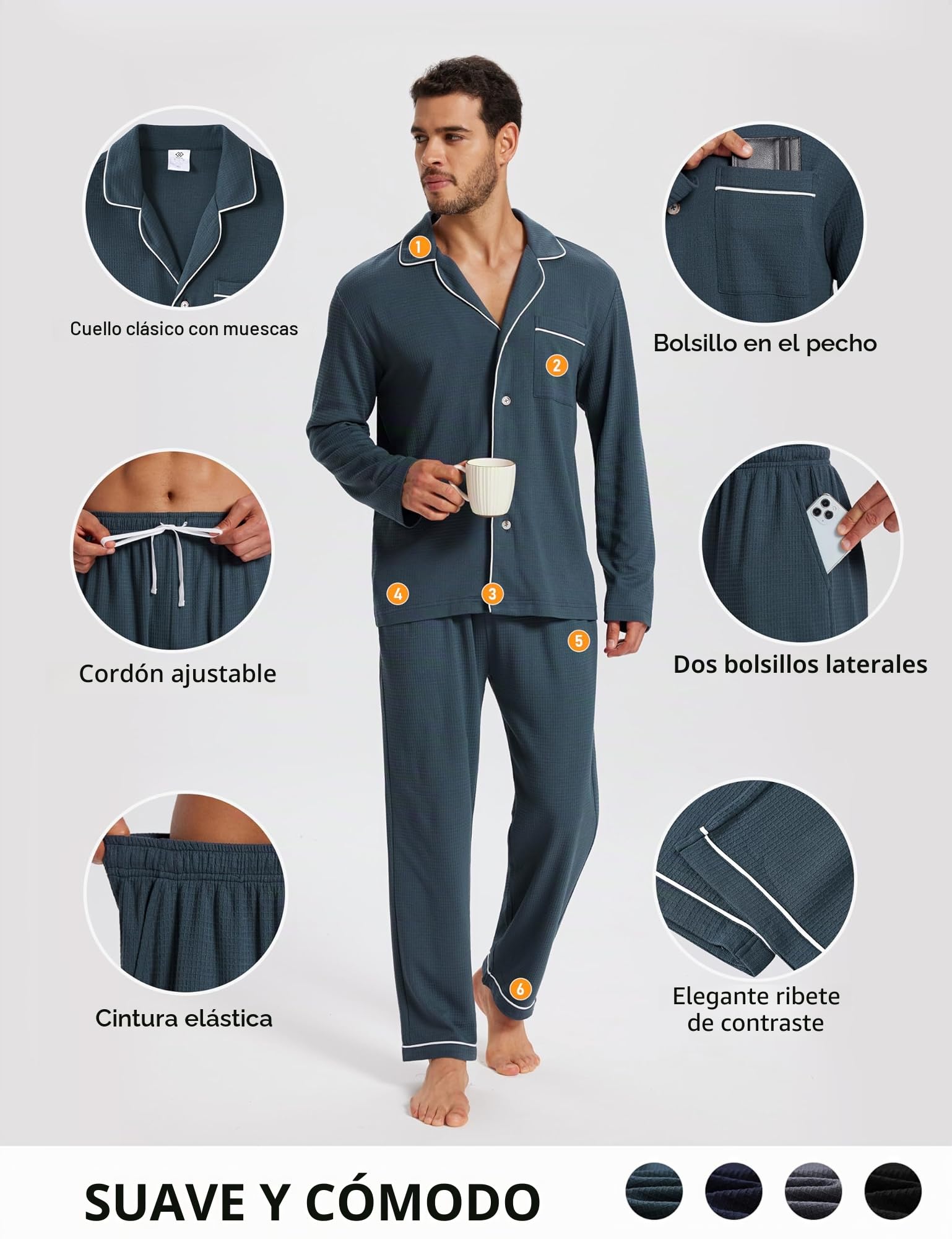 MoFiz Pijama Hombre Largo Otoño Invierno Conjunto de Pijamas con Botones Algodón Modal Suave y Cómoda Manga Larga Camisetas de Pijama y Pantalones Talla M-4XL