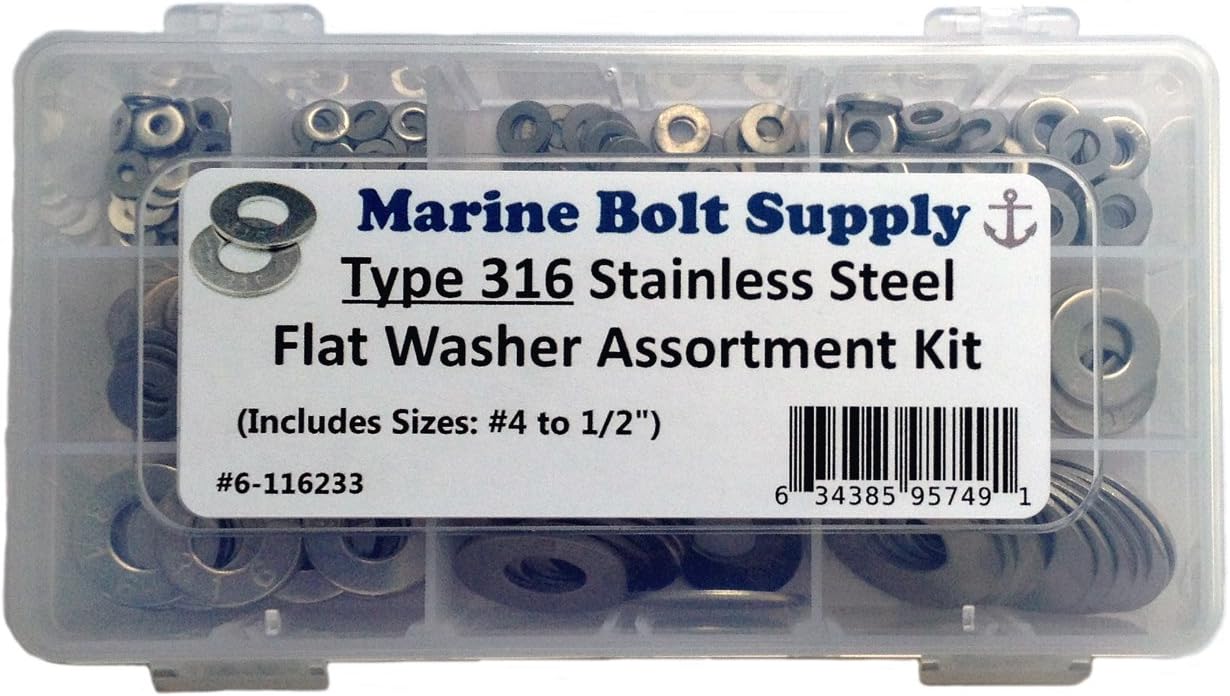 Type 316 Stainless Steel Flat Washer Assortment Kit Marine Bolt Supply 6-116233