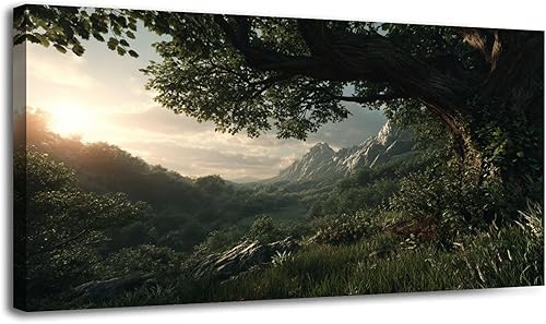 Miniatura 17 de 20"x 40" Canvas Wall Art Forest Green Nature Landscape Vintage Oak Tree Sunrise Mountain Framed Pictures Painting Prints Large Wall Art for Living
