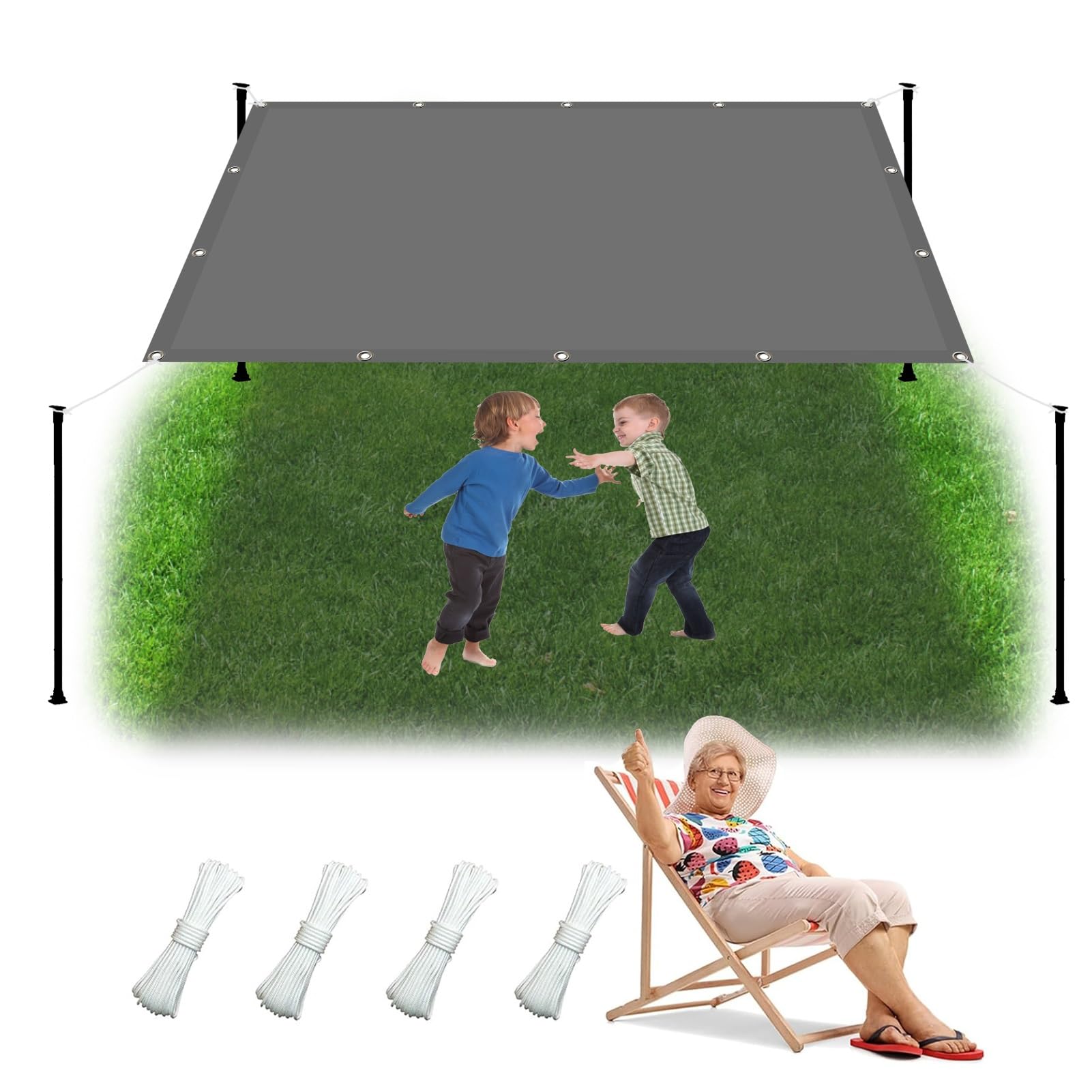 Markisenstoffe Meterware 1.2 x 4.8 m Wasserdicht Sonnenschirm Balkon Reißfest UV-Schutz nach Mass Polyestergewebe Mit Seil Beschattungsnetz für Balkon Terrasse Garten, Hellgrau