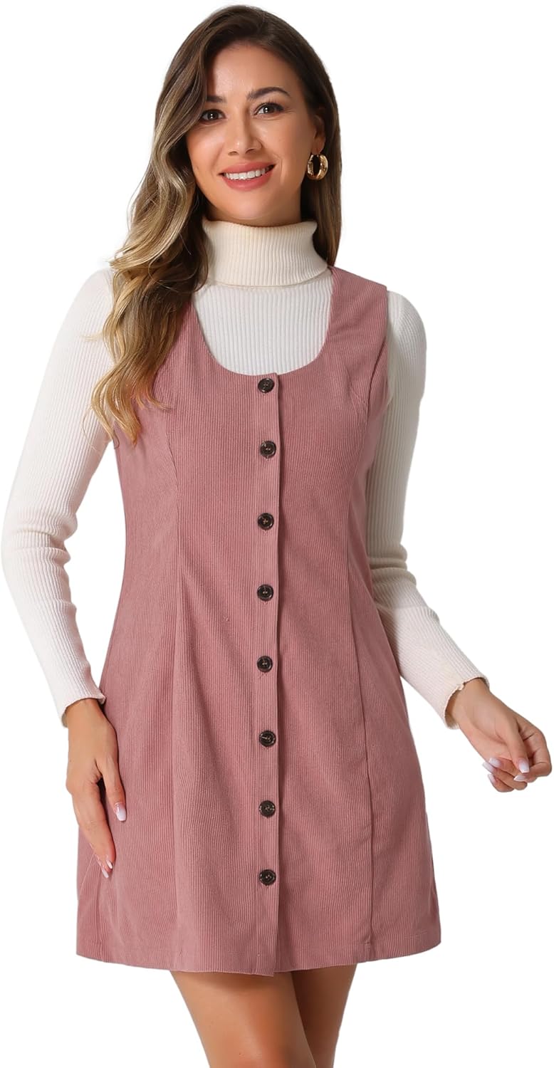 Allegra K Corduroy Overall Dress for Women's Fall Scoop Neck Sleeveless Button Down Casual Pinafore Dresses