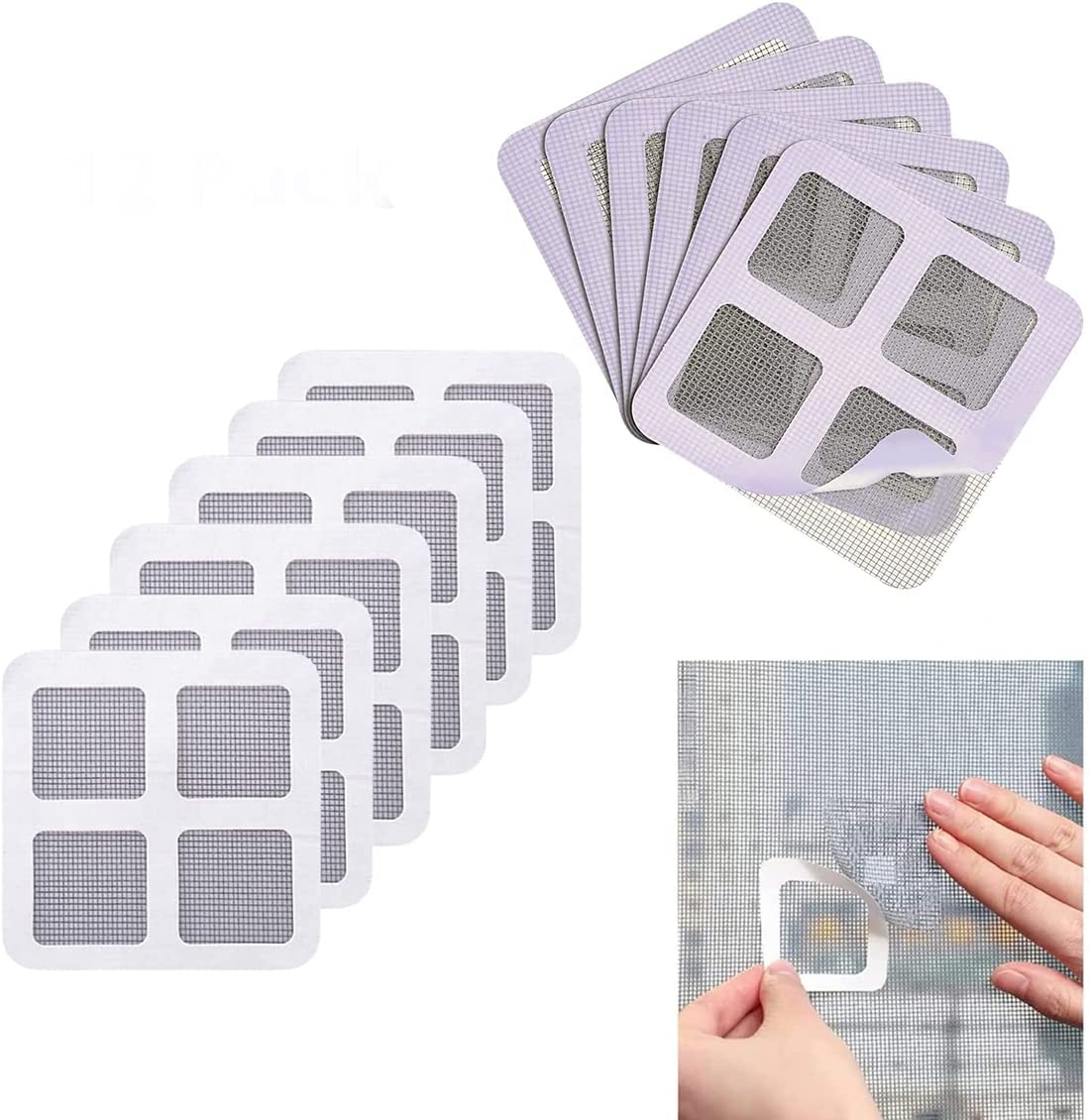 Door Window Screen Repair Patch Set, 15pcs 4x4 Inch Self-Adhesive Fiberglass Holes Cover Mesh Tape Kit, Strongly Bonded Waterproof Mesh Fabric for Door and Window Screen Surface DIY Repairment