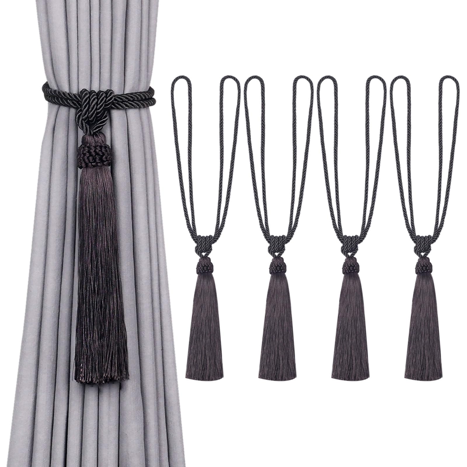 Pretty Jolly 4 Pack Long Tassel Curtain Tiebacks European Style Decorative Drape Tie Backs Elegant Handmade Braided Rope Knot Curtain Holdbacks for Home & Office Window Drapery (Dark Grey)