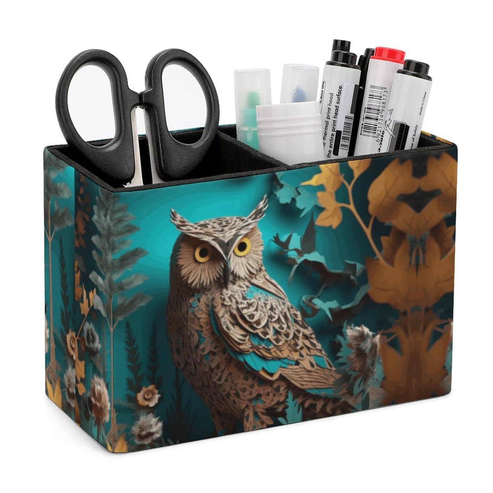 LZQPOEAS Exquisite Patterns PU Leather Pen Holder, Multifunctional Desktop Organizer Caddy with 2 Compartments, Owl Pencil Cup Makeup Brush Holder for Office Home