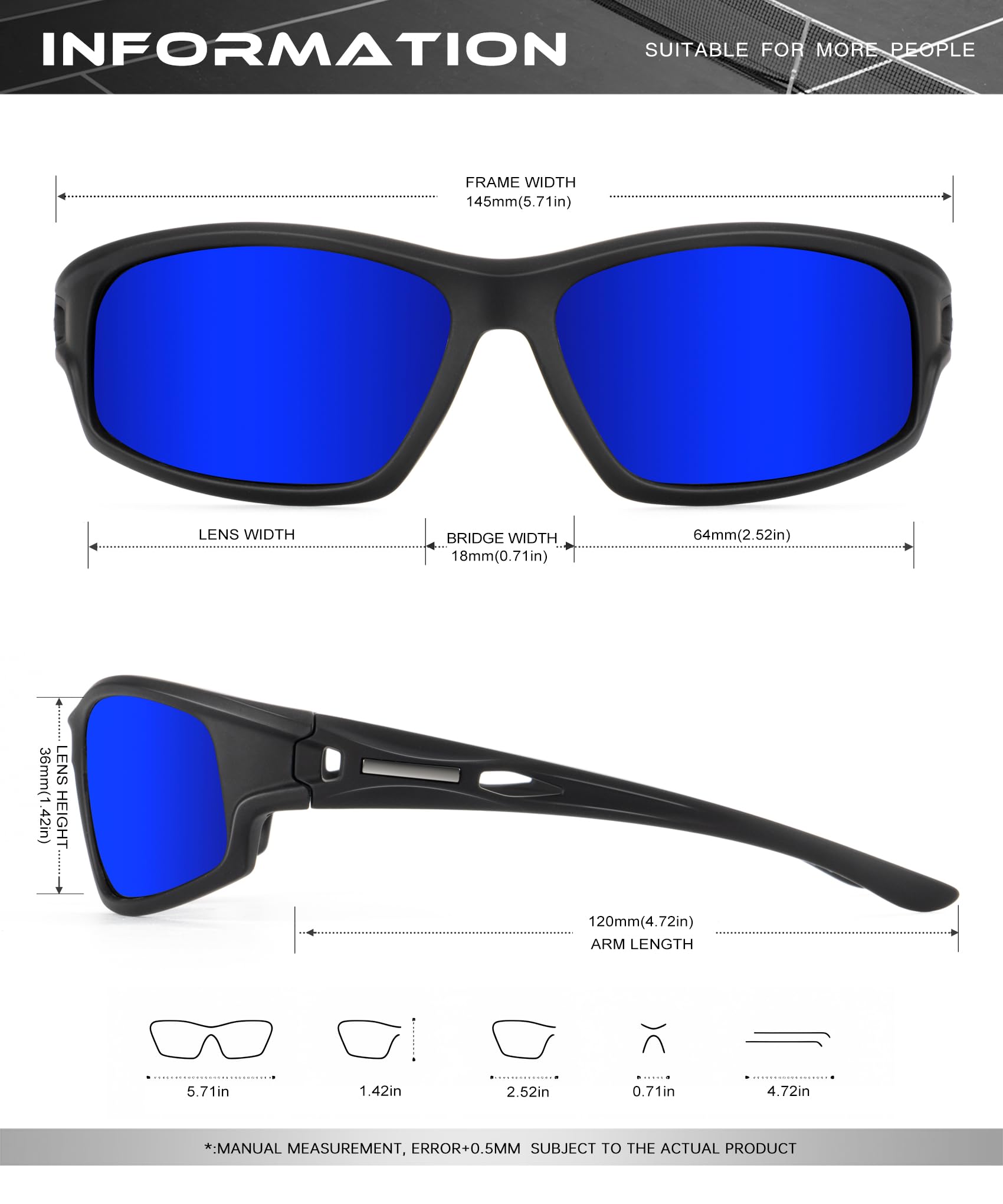 Occhiali da sole polarizzati per uomo, occhiali da sole sportivi per pesca, corsa, protezione UV con cinturino per occhiali da sole, A4-blu ghiaccio/blu scuro/rosso, Medium