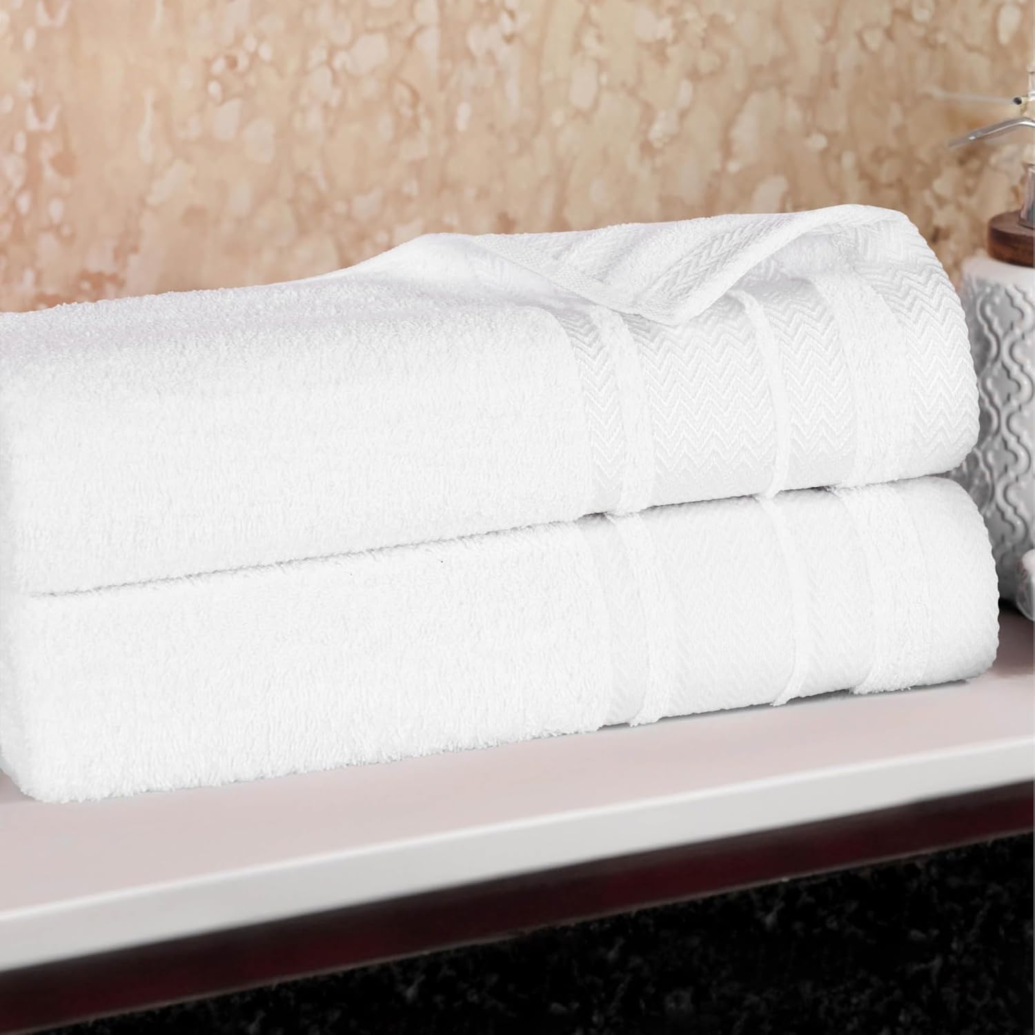 Superior Hays Cotton 2 Piece Bath Towel Set, Absorbent Medium Weight Essentials for Home, Spa, Guest Bathroom, Quick Drying and Durable, Shiny Dobby Border, Includes 2 Bath Towels, White