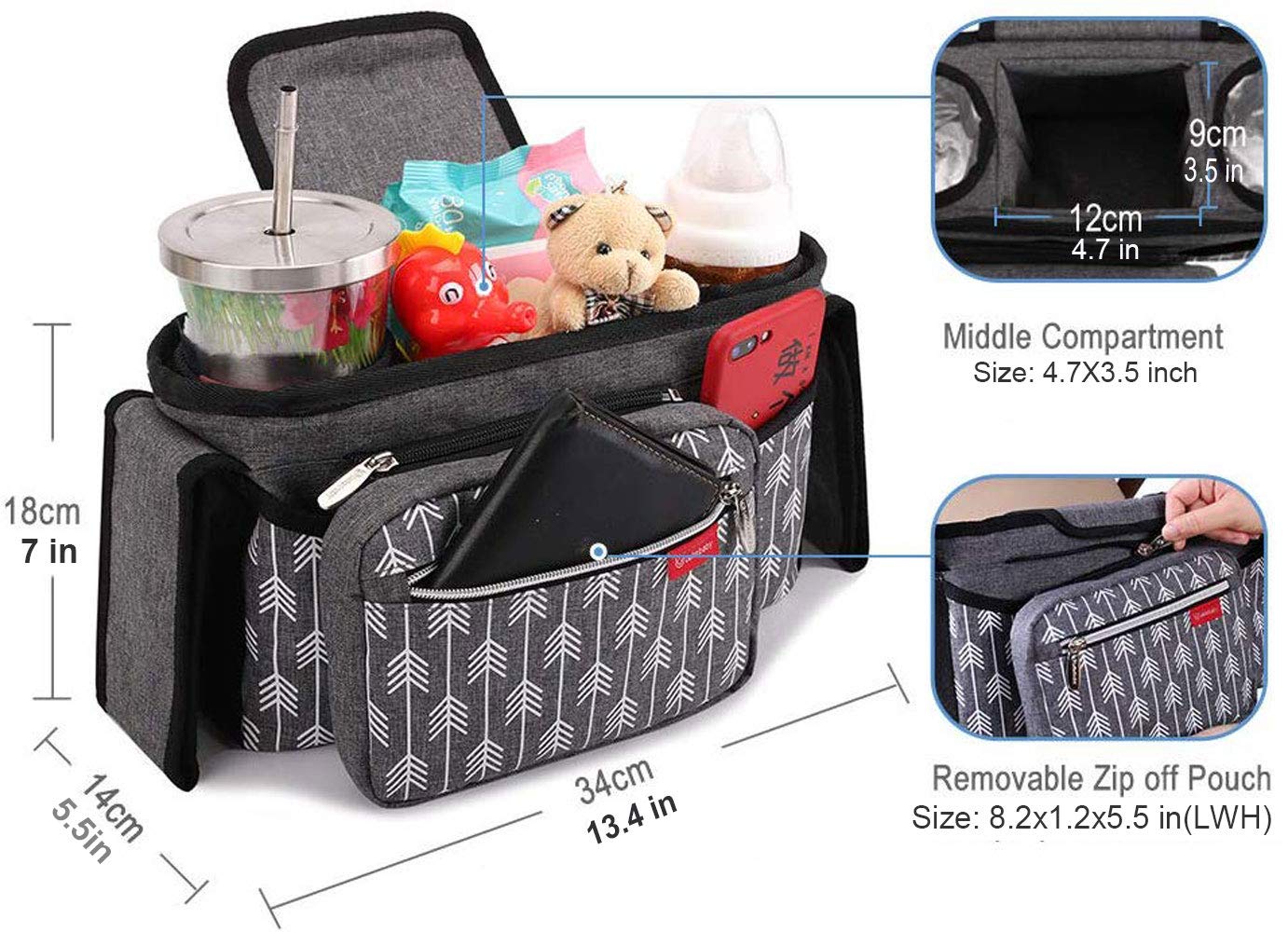 Baby Stroller Organizer Bag with Cup Holders Universal Lekebaby Stroller Organizer Accessory Fit for All Baby Stroller (Arrow Print)-Grey : Baby