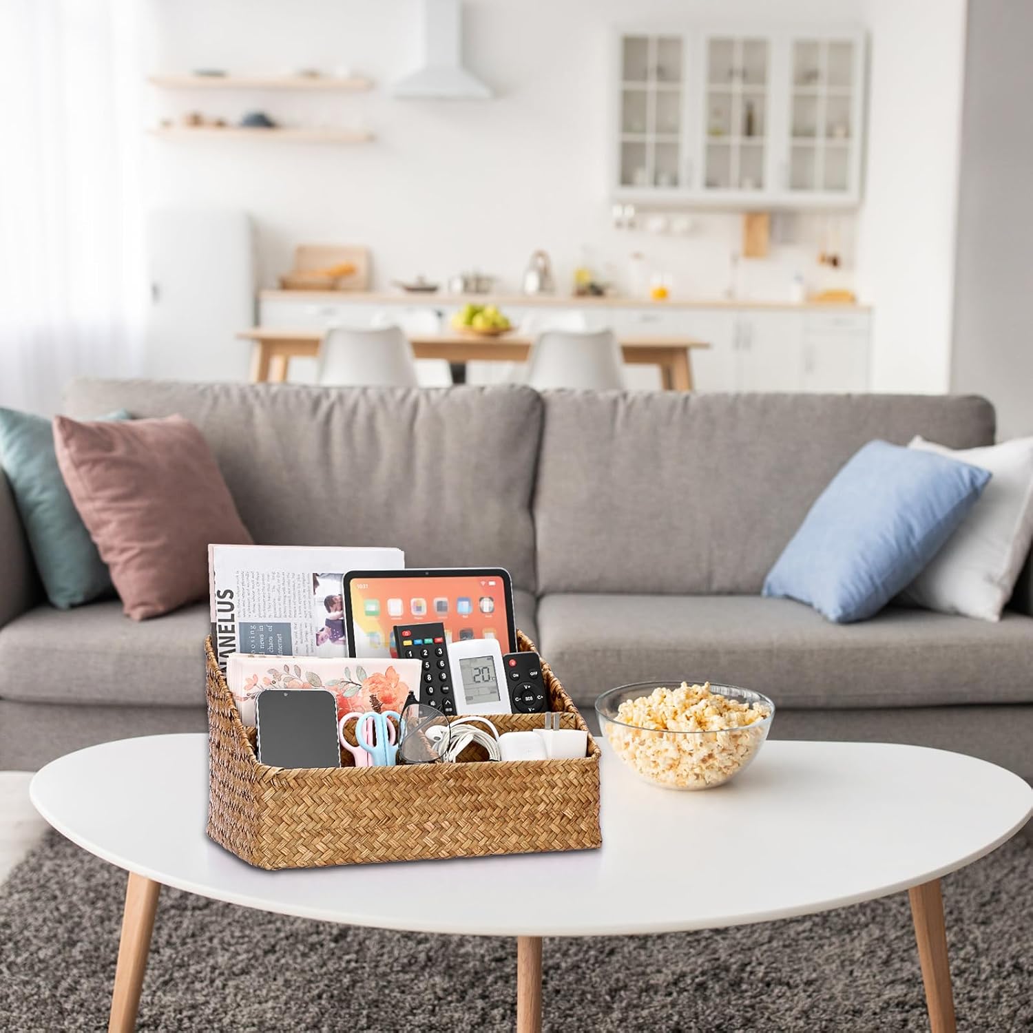 BTSKY Woven Storage Basket Natural Seagrass Vertical Wicker Storage Baskets with 4 Compartments Desk Organizers and Storage Magazine File Holder Home Office Supplies Sorter Rack, Caramel