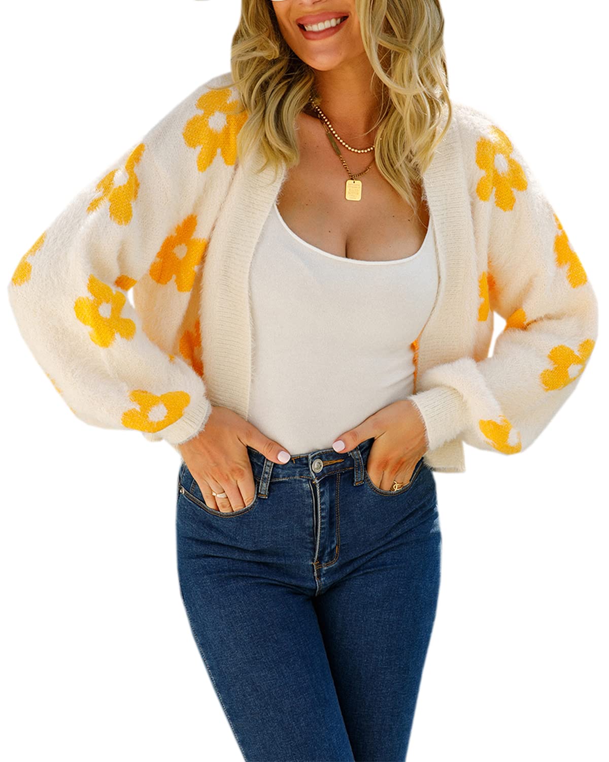 ecowish Women Floral Cropped Cardigan: Fall Long Sleeve Open Front Fuzzy Daisy Print Knit Sweaters Casual Y2k Outerwear-picture-12