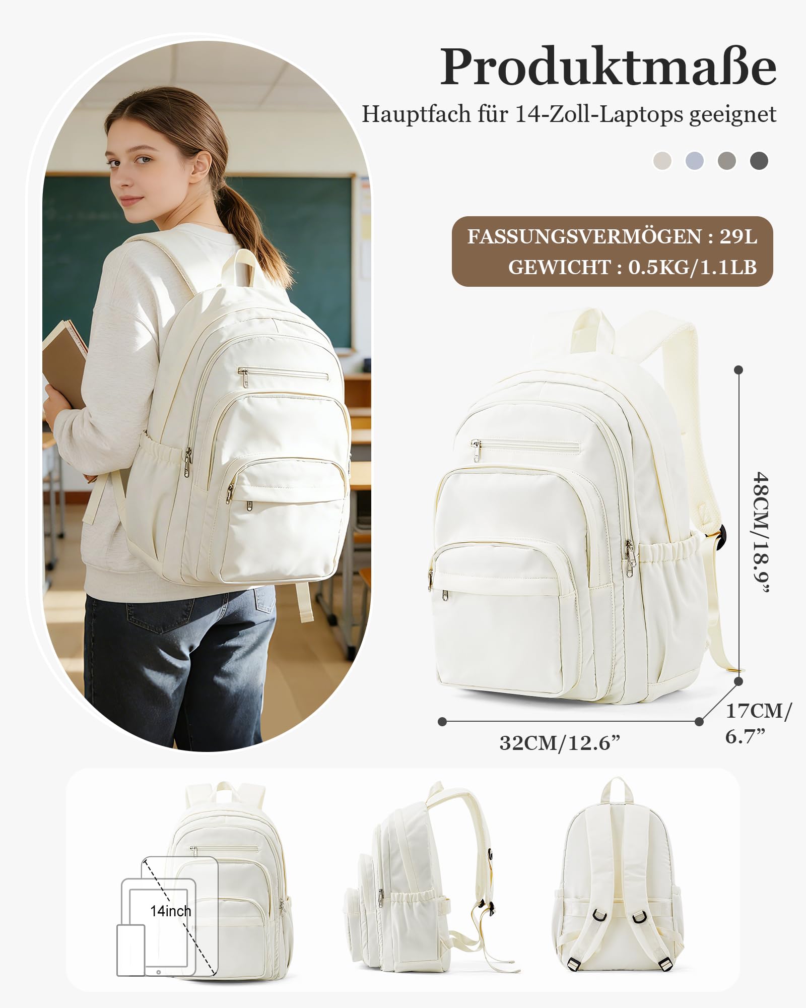 Rucksack Damen Herren, Schulrucksack Groß mit Vielen Fächern, Waterproof Rucksack Leicht für Schule, Schulrucksack Teenager Daypacks Backpack für Jungen Mädchen, Beige