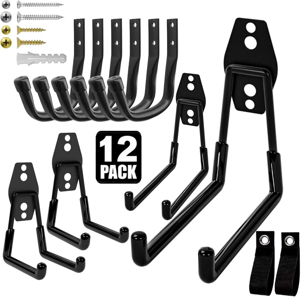 Heavy Duty Wall Garage Hooks, Steel Anti-Slip Utility Hooks Storage Organization Hangers for Ladders, Bikes, Hose, Garden Tools, Coats, Bags with Mounting Hardware Kit (Black, 12 Pack)