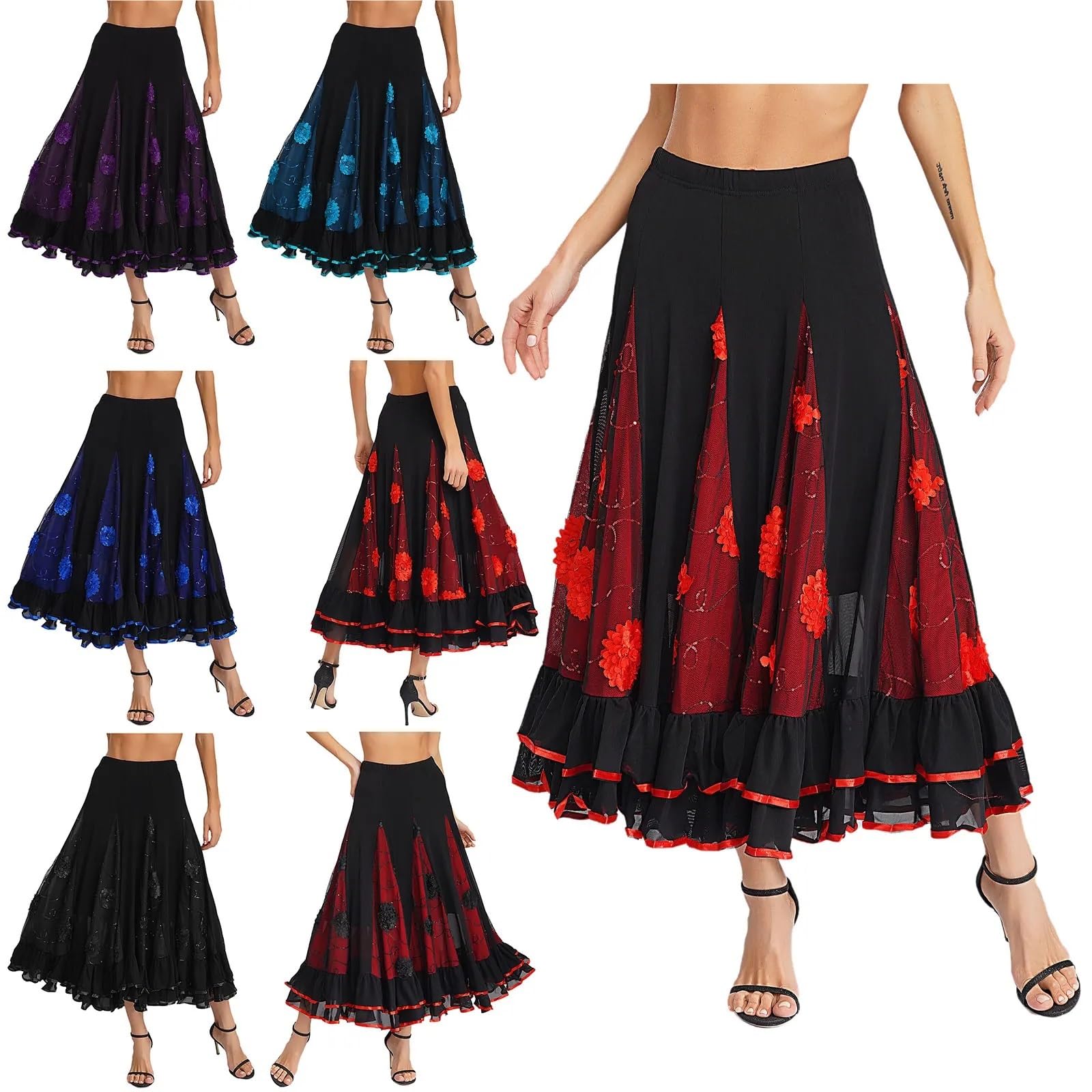 Falda Flamenca Mujer Faldas largas con Volantes y Lentejuelas for Mujer, Traje clásico for Flamenco, vals español, Baile de salón, Faldas largas con Flores y Lentejuelas.(Black)