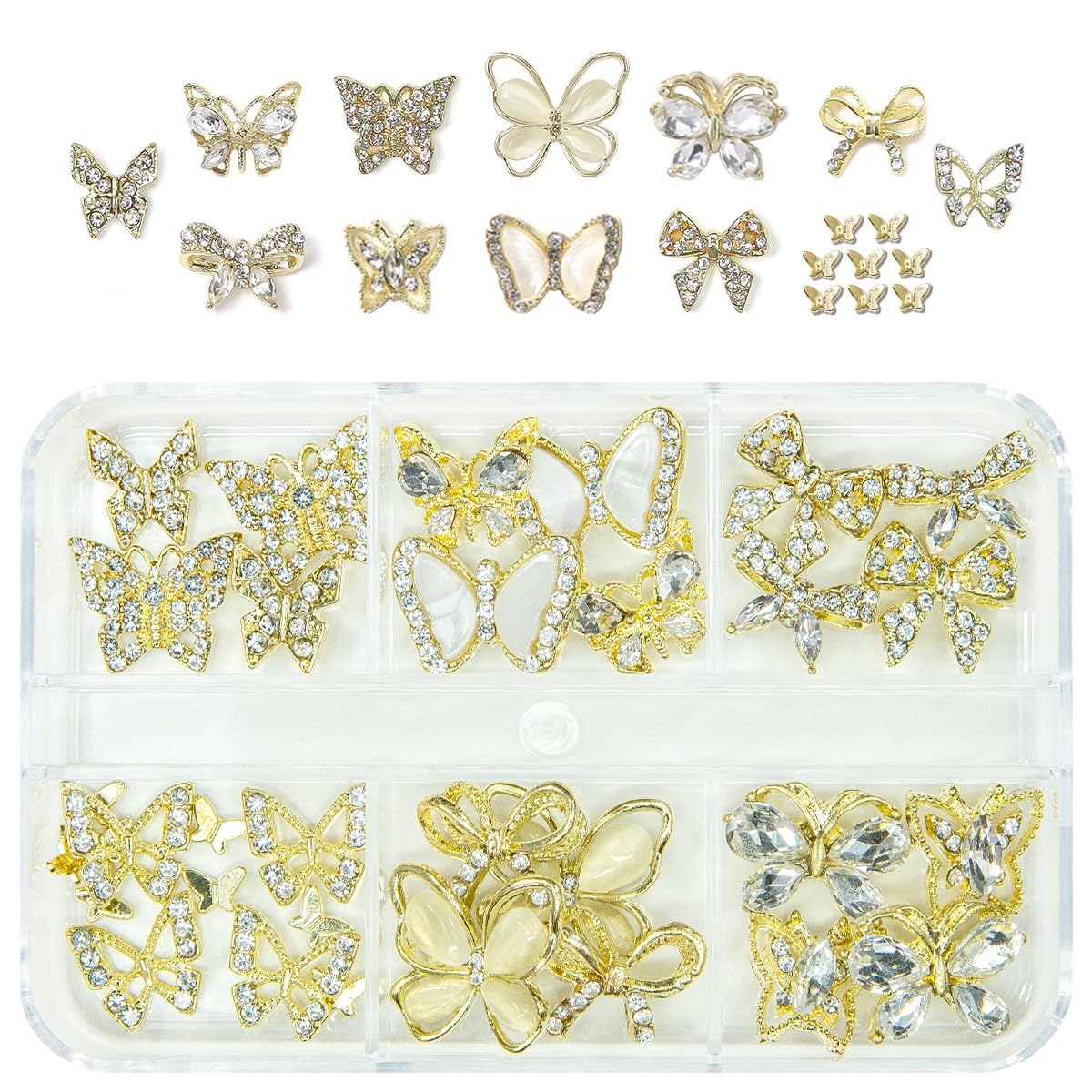 Qiipii 32 Pcs Butterfly Charms Gold Butterflies for Nails - Bow Crystals Diamonds Rhinestones 3D Alloy Luxury Gems - Cute Art Supplies for Acrylic