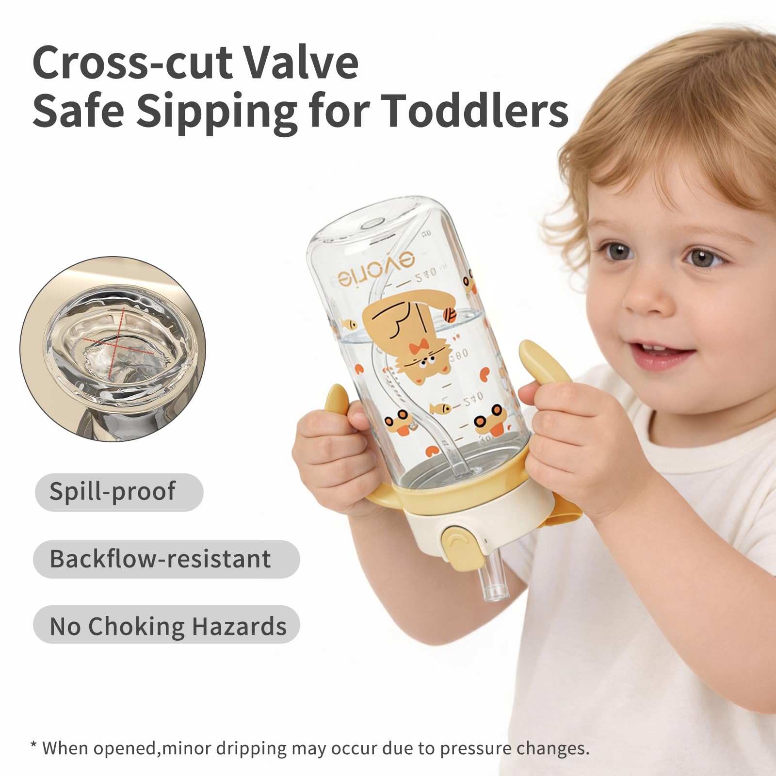 Evorie Bicchiere con cannuccia antiperdite, in tritano, per neonati e bambini da 1 a 3 anni, 300 ml, borraccia d'acqua con cannuccia senza perdite e manici rimovibili, ideale per la scuola, senza BPA