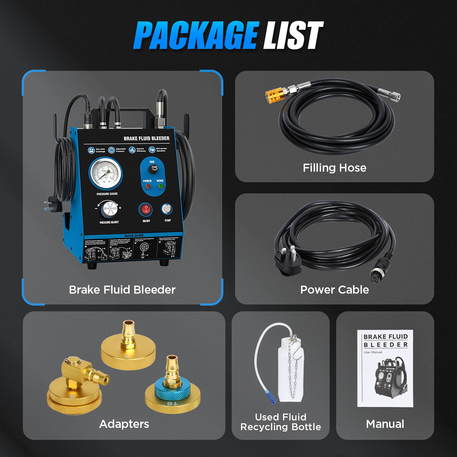 Kit de purga de frenos automática de 220 V, purgador de líquido de frenos de pulso de potencia 7-36 PSI, relleno de vacío sin aire, purga de freno de presión ajustable con protección contra