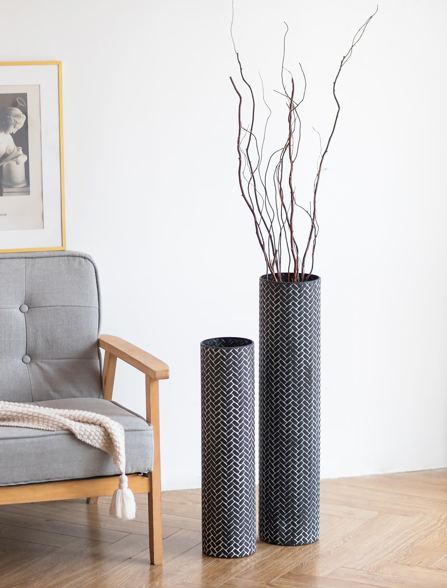 Sziqiqi Large Floor Vases: 70/55cm Tall Standing Vase for Living Room - Black Large Metal Floor Vases Set of 2 - Large Size Vase for Bedroom Kitchen Fireplace