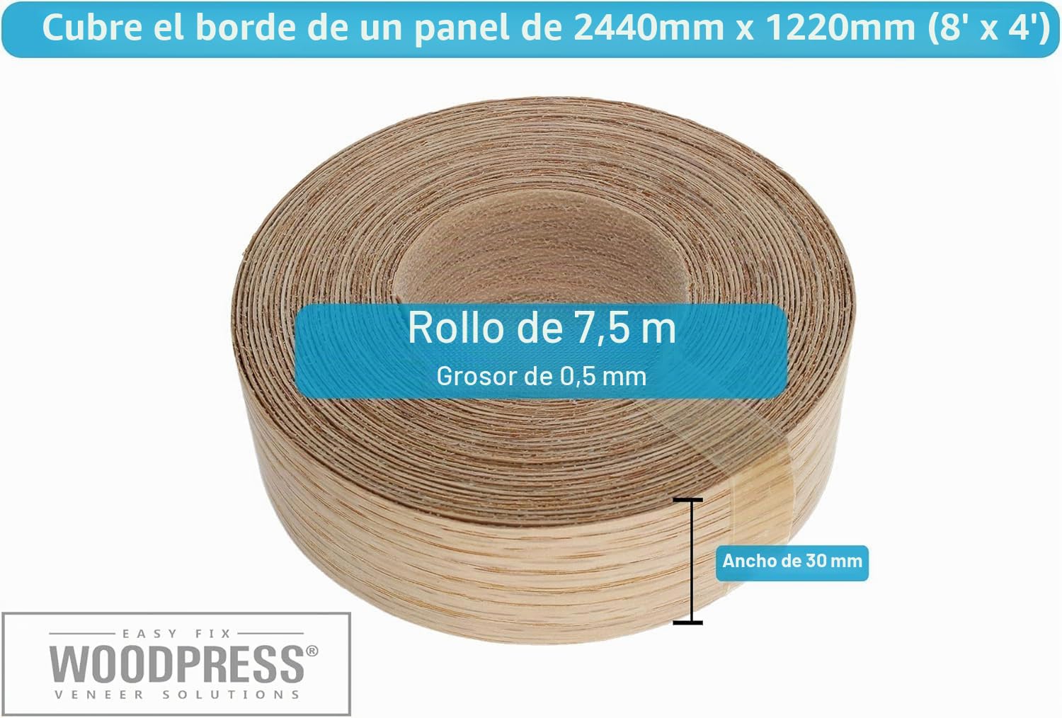 Borde termoadhesivo de roble rojo real de 30 mm, rollo de 7,5 m, cinta de chapa de madera prepegada para una fácil aplicación, cubre el borde de un panel de MDF estándar