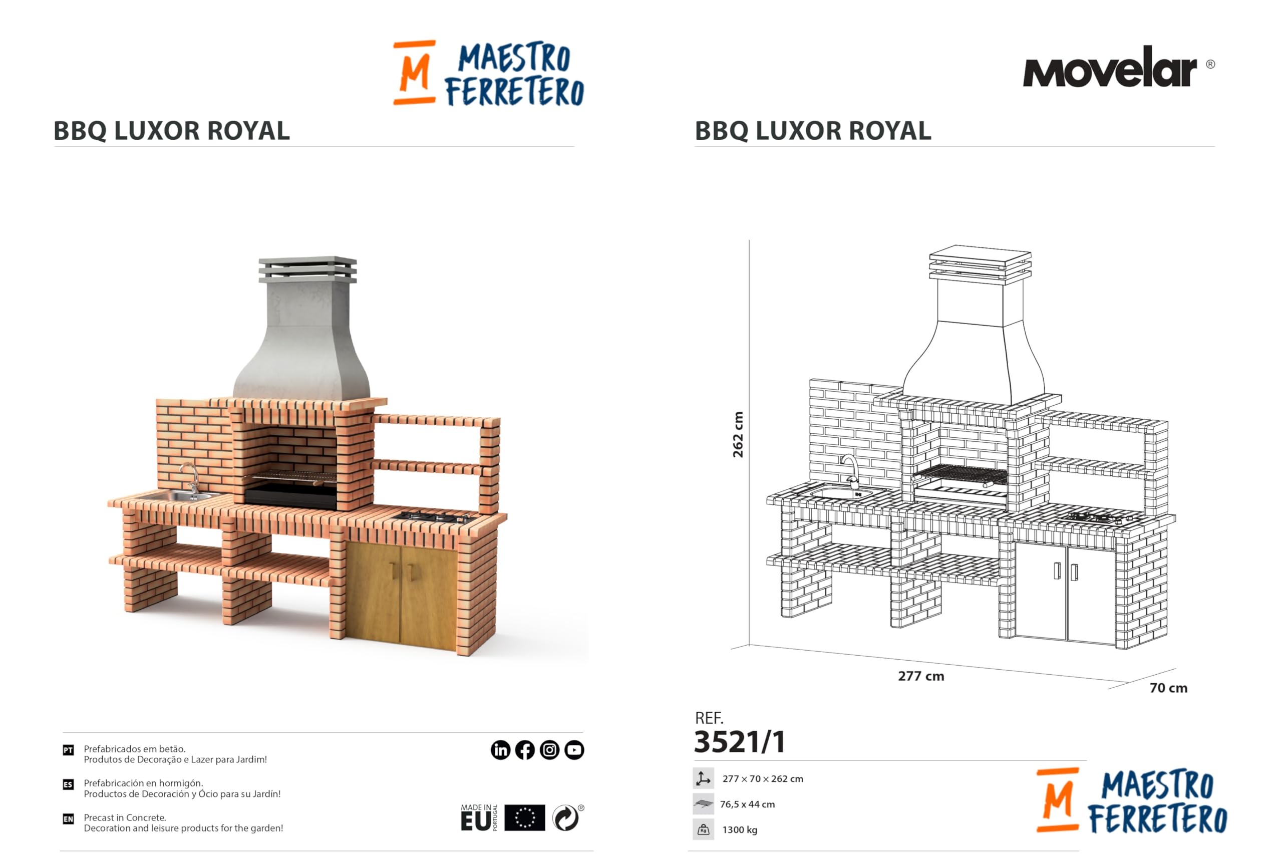 MOVELAR - Barbecue prefabbricato a legna e carbone modello Luxor Royal (grigio, arancione - 277 x 70 x 262 cm) REF: 3521/1 - Cucina da esterno completa di lavello e piastra Teka
