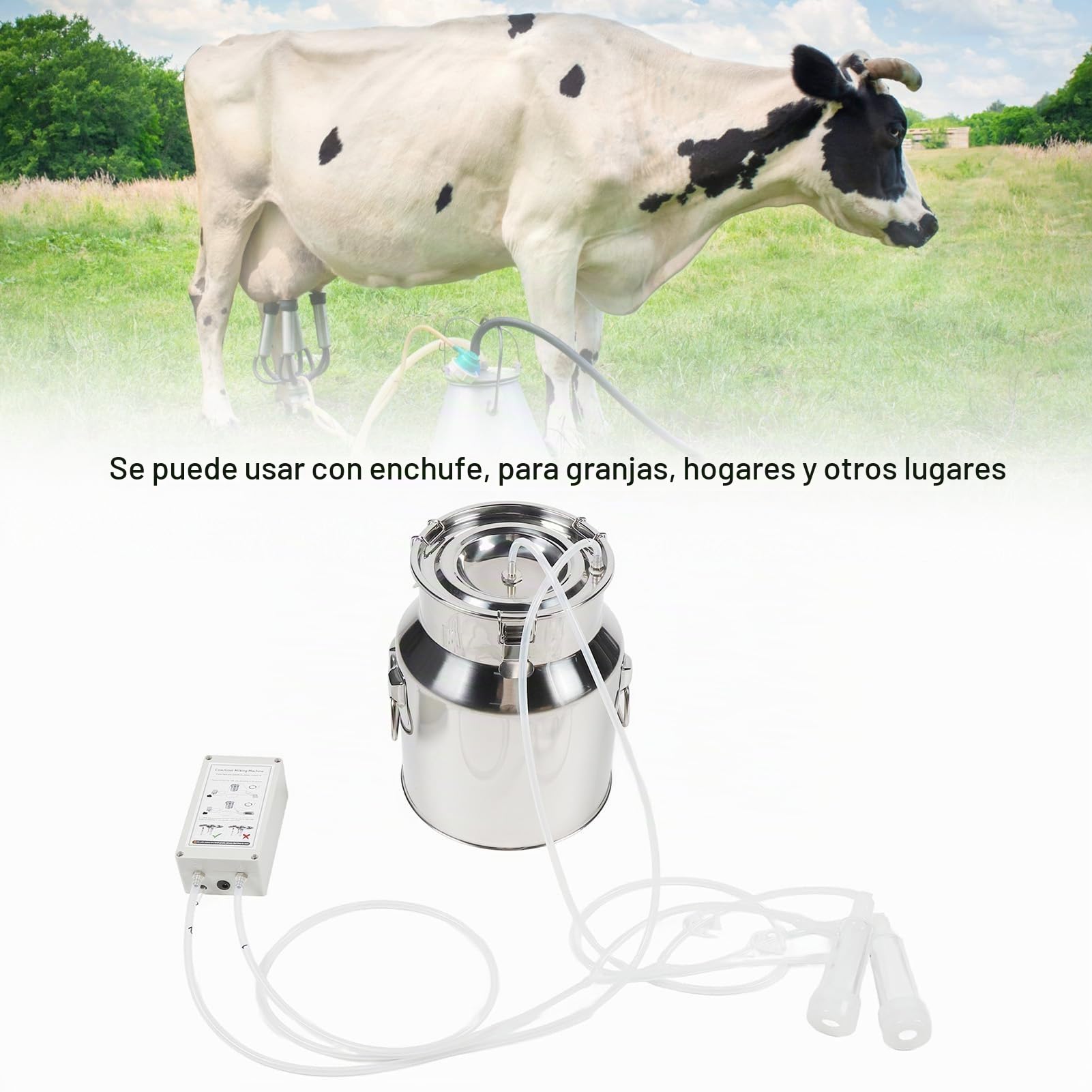 Ordeñadora de Cabras Eléctrica de 14 Litros, Ordeñadora para Vacas y Cabras, Bomba de Vacío Pulsante con Enchufe Portátil, Cubo de Acero Inoxidable 304 con Válvula de Retención