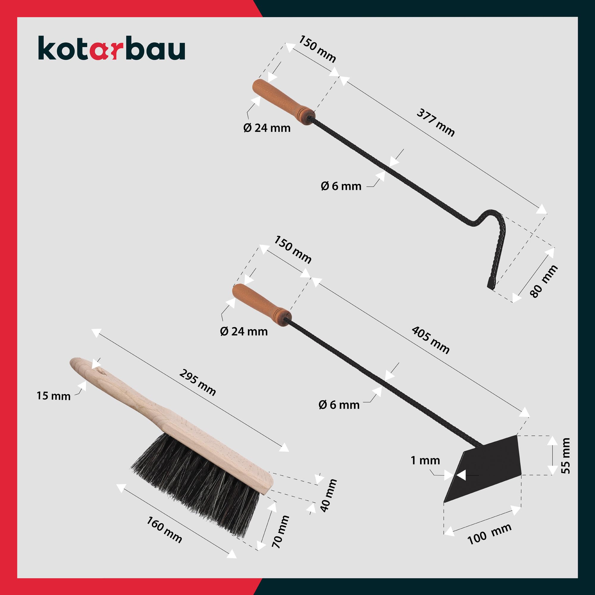 KOTARBAU® Kaminbesteck 5er Set mit Schürhaken Besen Schaufel Kaminbesen Besenstab mit Holzgriff Kamingarnitur Ofenbesteck Kaminzubehör Pulverbeschichtetes Metall Braun und Schwarz