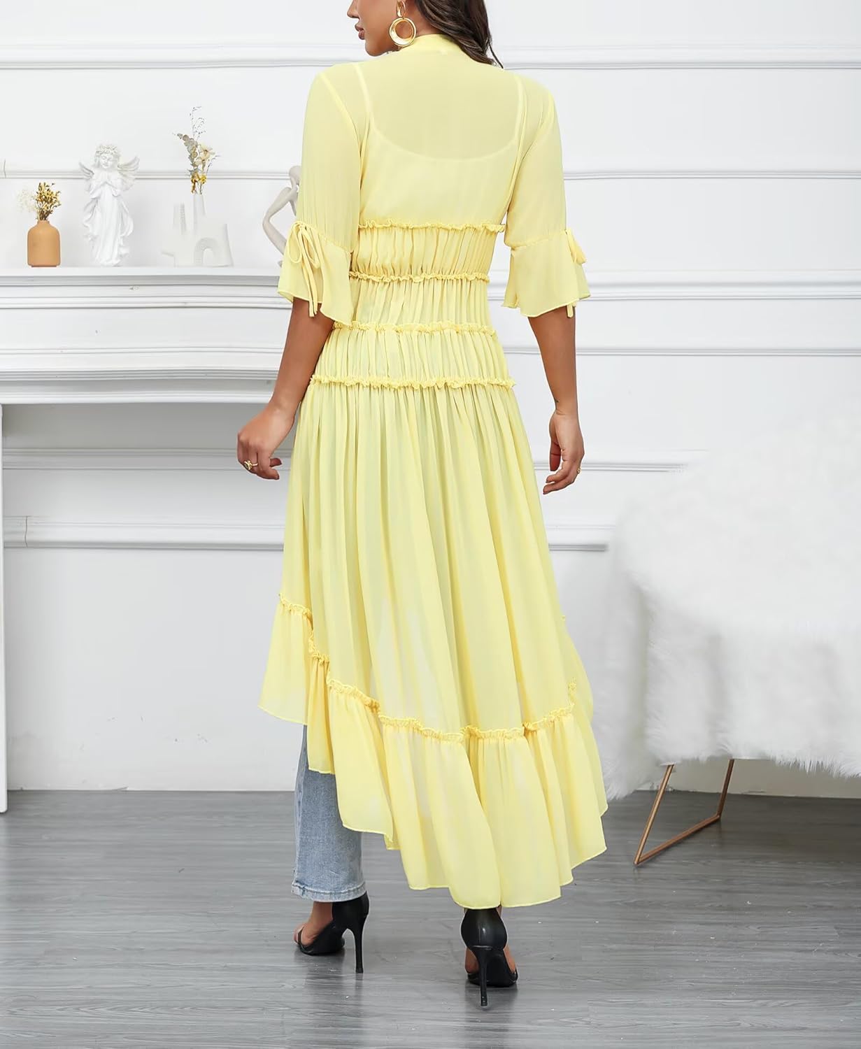 Aro Lora Women's Button Down Shirt Dress Sheer Chiffon V Neck Asymmetrical Ruffle Summer Beach Maxi Dress - Image 5