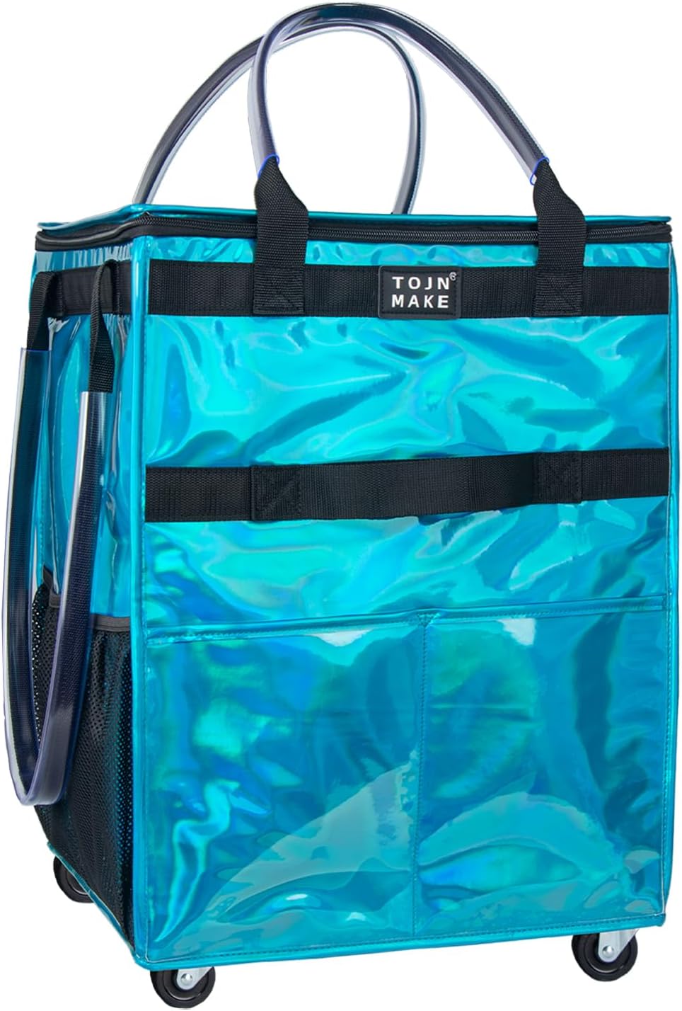 Reusable Grocery Bag On Wheels, Shopping Trolley, Rolling Tote with 8 Pockets and Zipper Cover, Foldable, Heavy Duty Handles, Carries Up to 46 LBS (Medium, Glitter Blue)