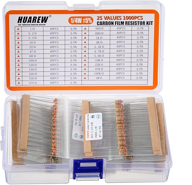 HUAREW 1/4W Carbon Film Resistors Assortment kit 1 Ohm-1M Ohm with 5% 1/4-Watt Resistor Kit (1000 Pcs 25 Values)