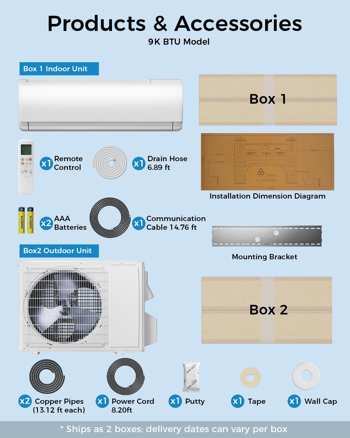 Contents of the Feelfunn 9000BTU Mini Split AC package, including indoor unit, outdoor unit, remote, and installation accessories.